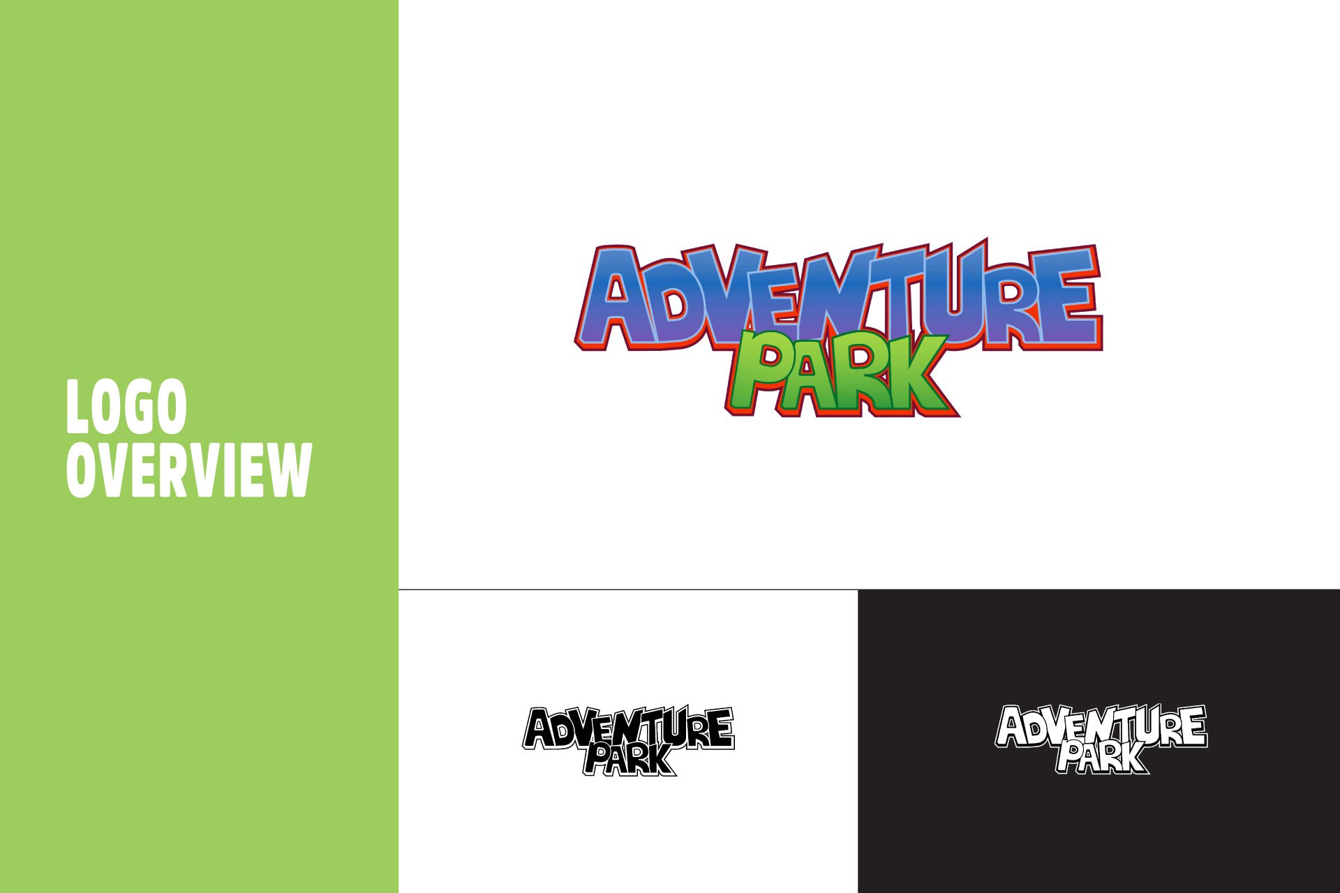 The Adventure Park logotype in colour, in black and in white, from the guidelines