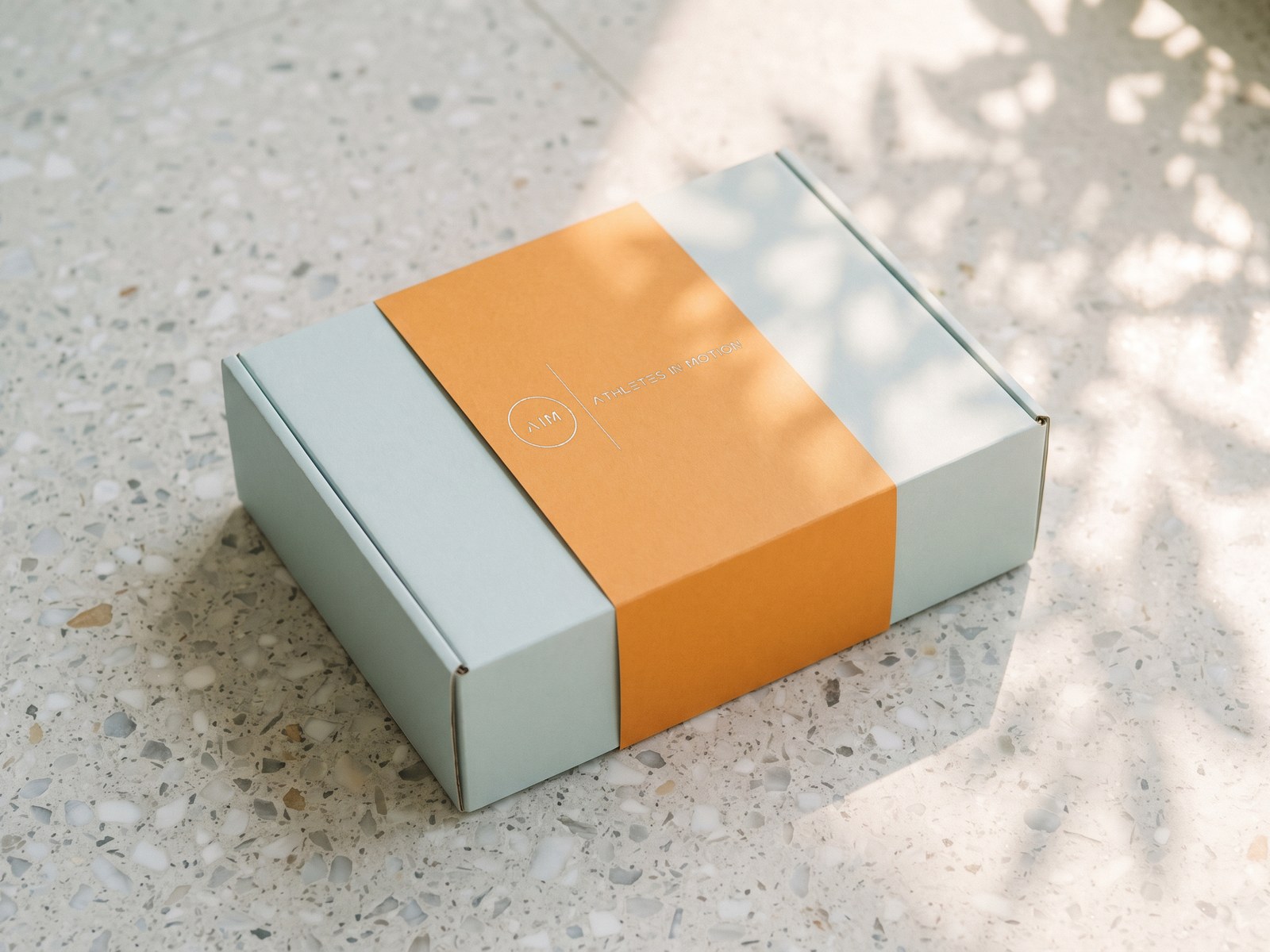 A render of a pale blue box with an orange sleeve carrying the AIM lockup, on terrazzo