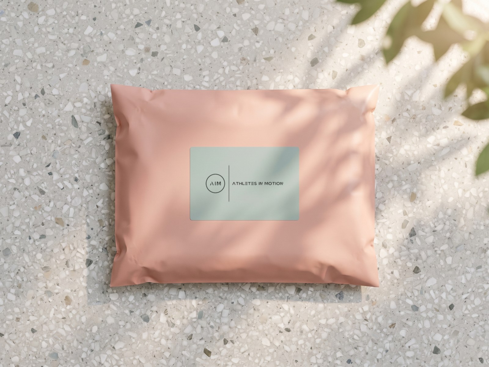 A render of a blush pink mailer lying flat on terrazzo, a sage label on it carrying the AIM lockup
