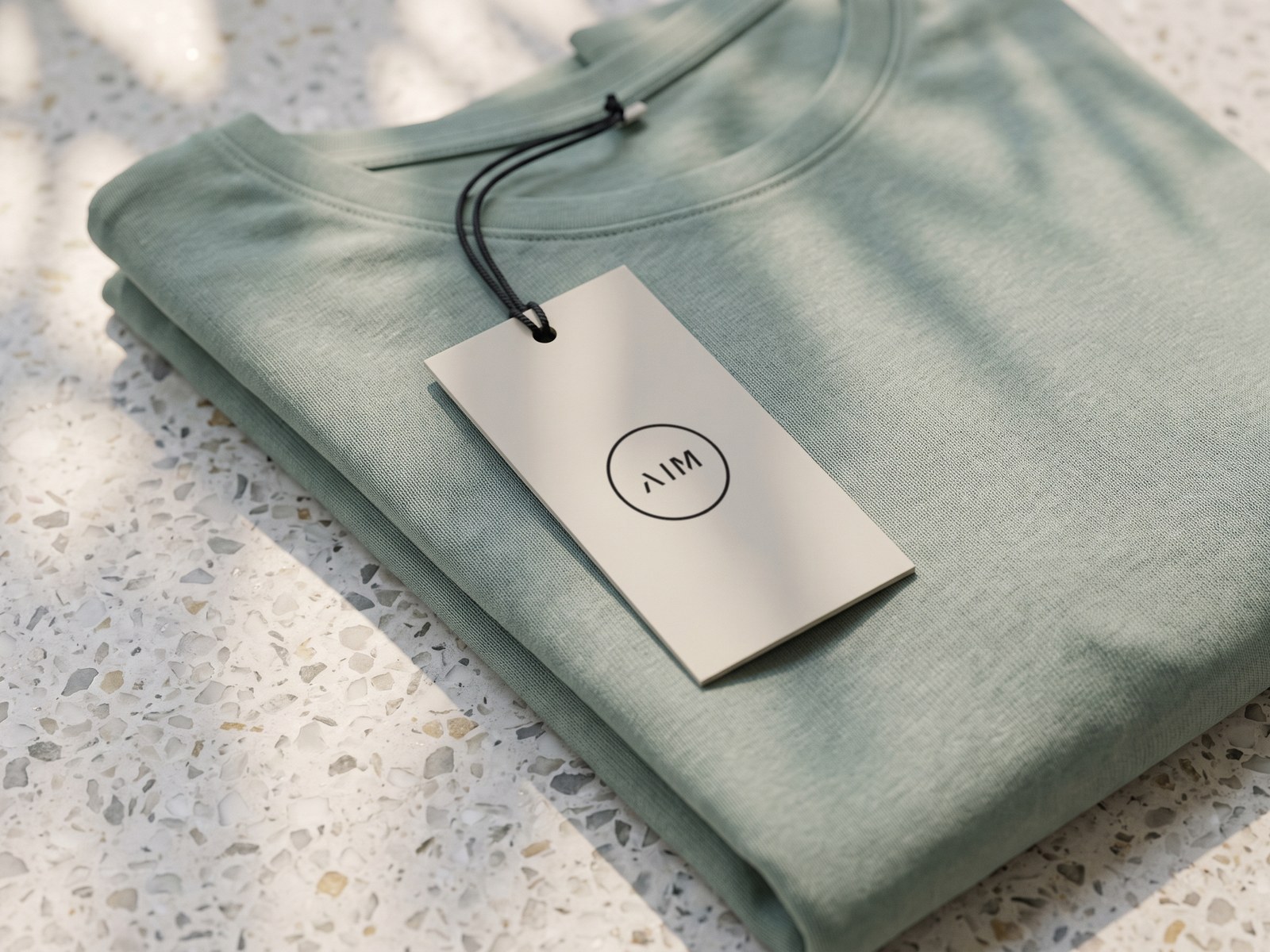 A render in close-up of a stone card hang tag with the AIM mark, lying on a folded sage top