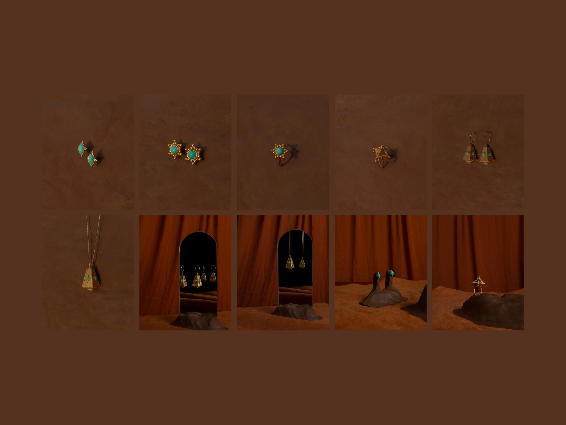 Ten pieces of Alia Bin Omair jewellery in turquoise and gold, on clay and before a rust curtain