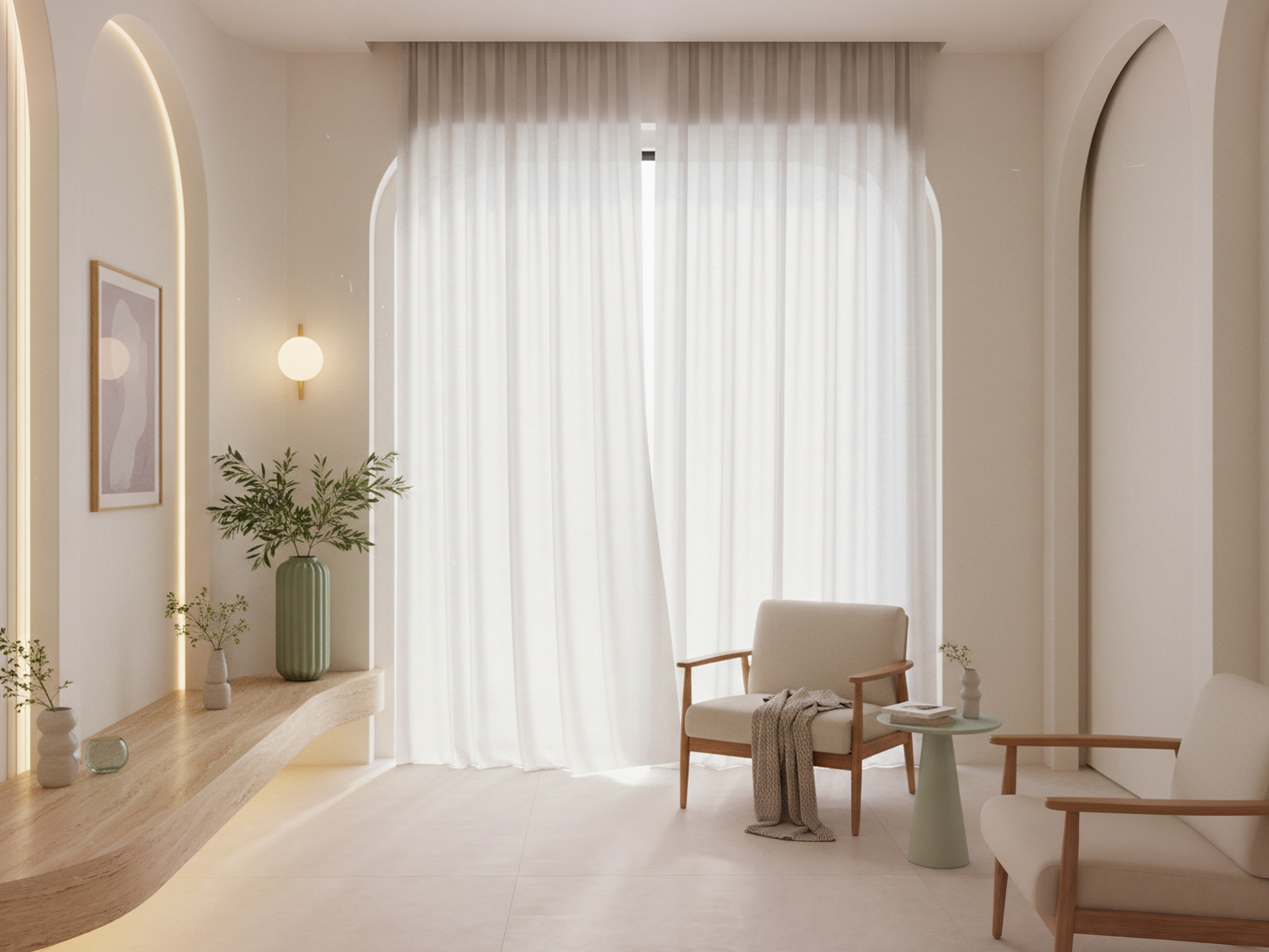 A pale room with arched alcoves, linen sheers and two chairs