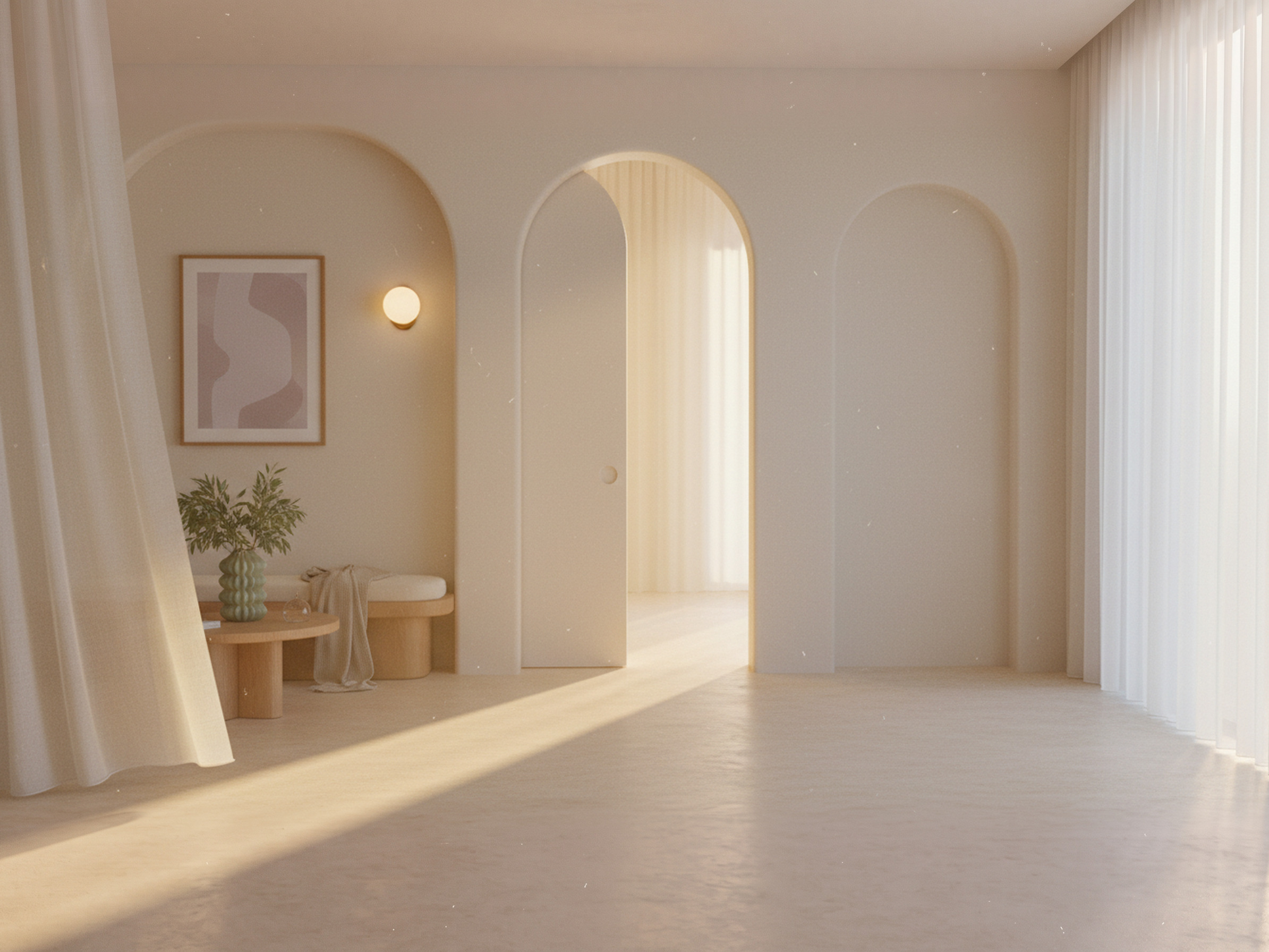An arched doorway in pale plaster, sunlight across the floor