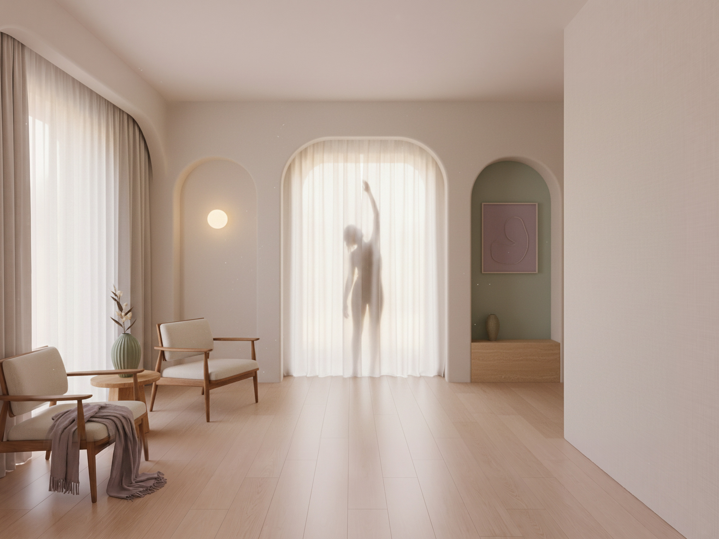 A movement room with oak floor and sheers, a figure behind the curtain