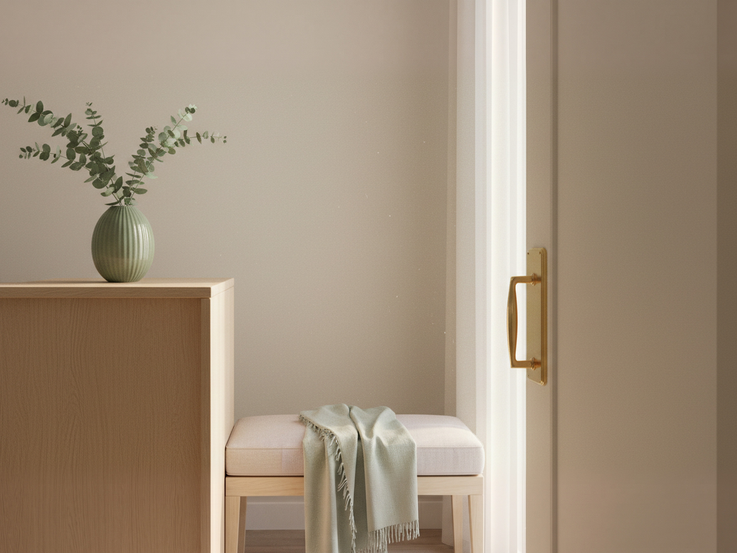 A corner with a bench, a tall door and eucalyptus in a vase