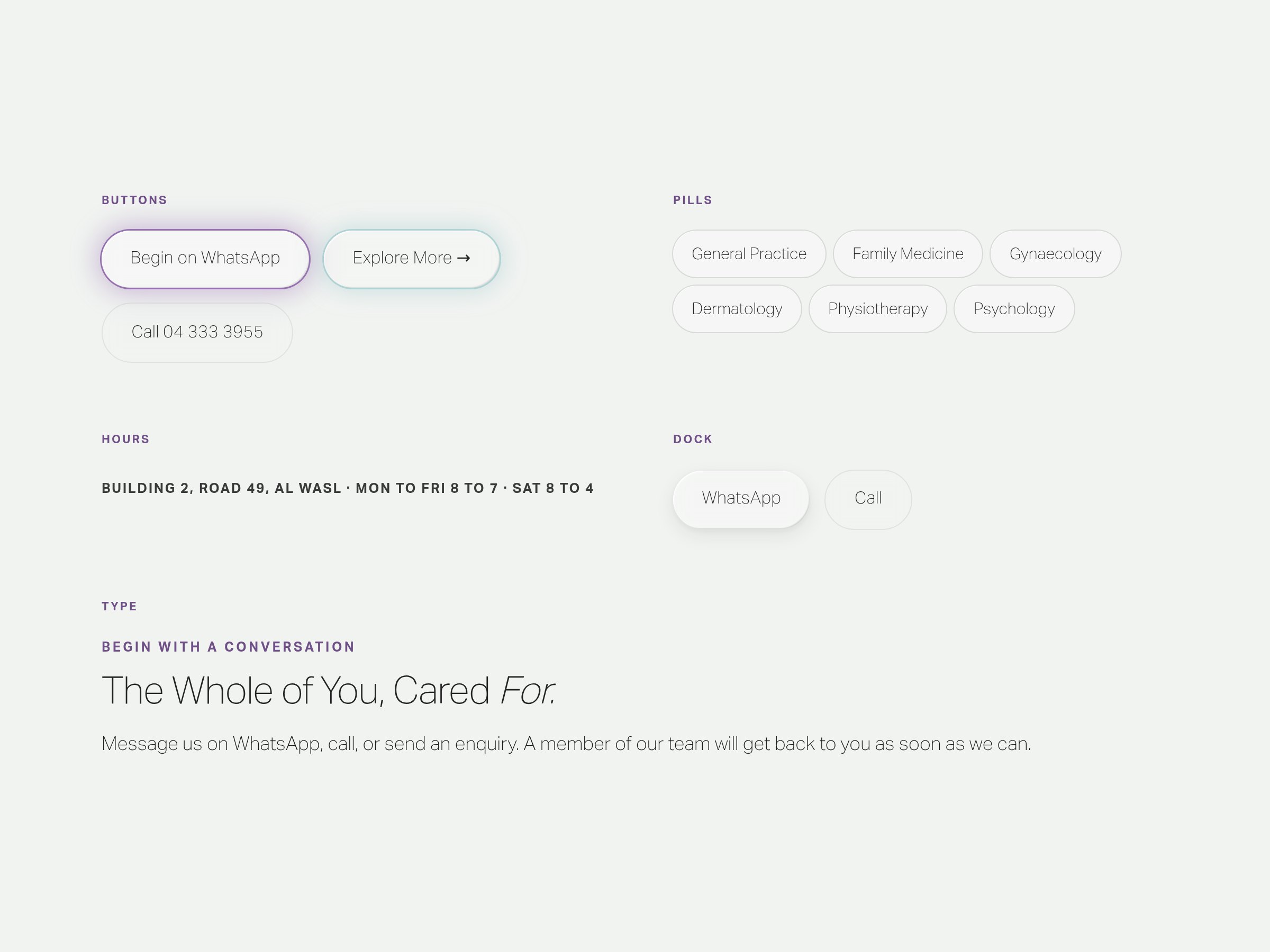 The site's buttons, pills, hours line and type on the pale ground