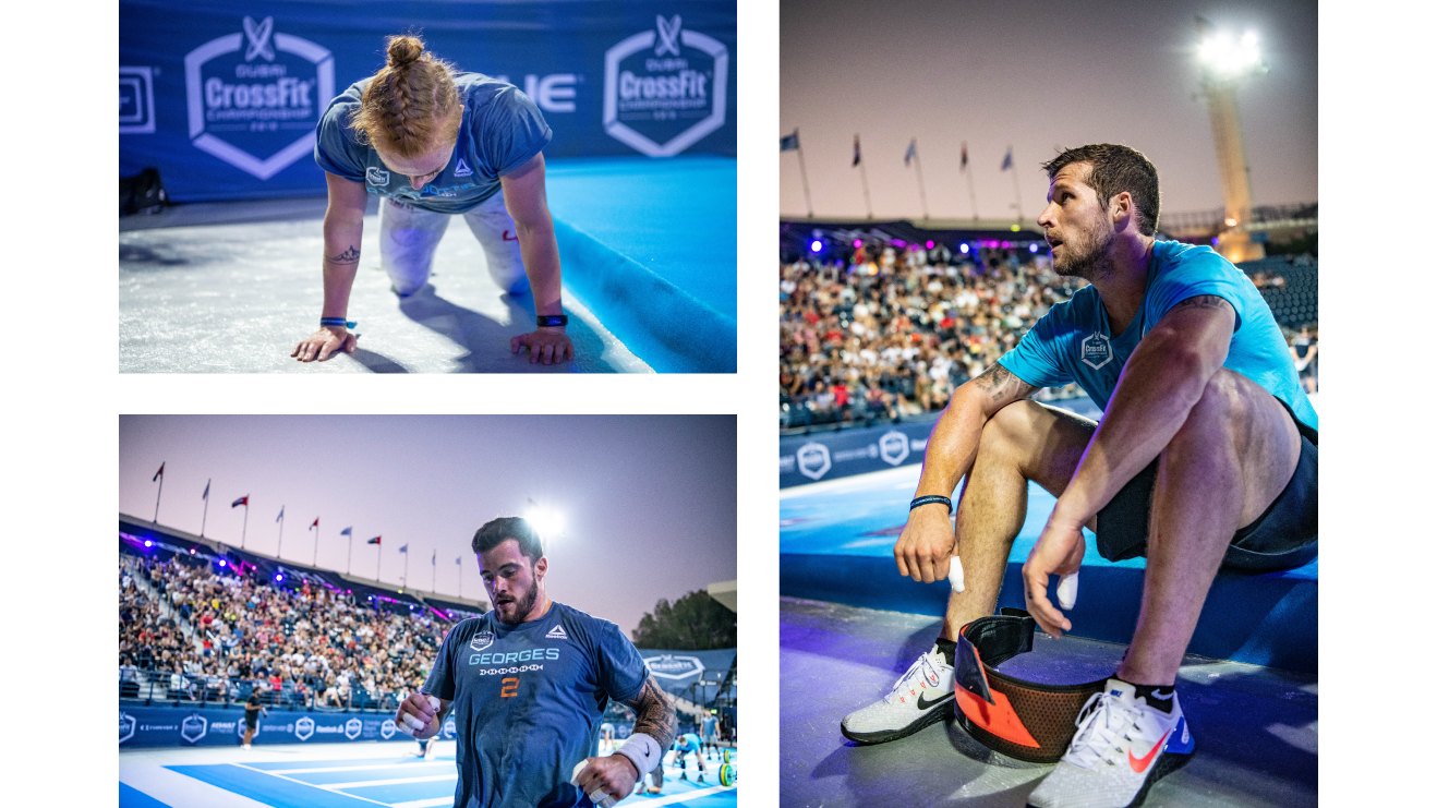 Three photographs from the championship: an athlete on the floor, an athlete walking off, an athlete seated in front of the crowd