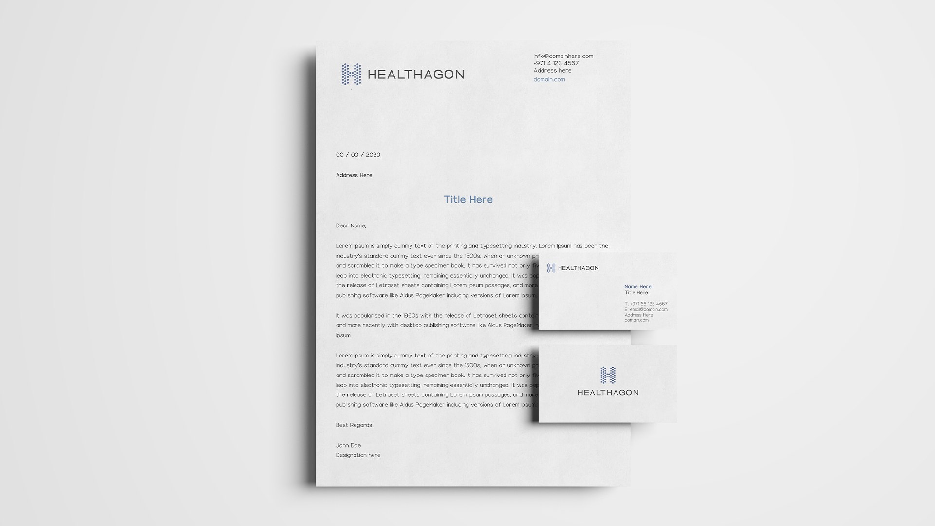 A Healthagon letterhead with two business cards on pale grey