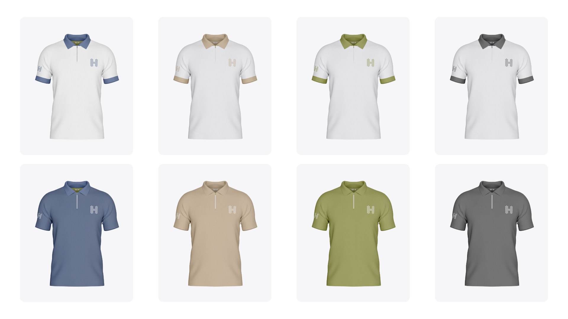 Eight polo shirts, white with coloured collars and coloured with a white H