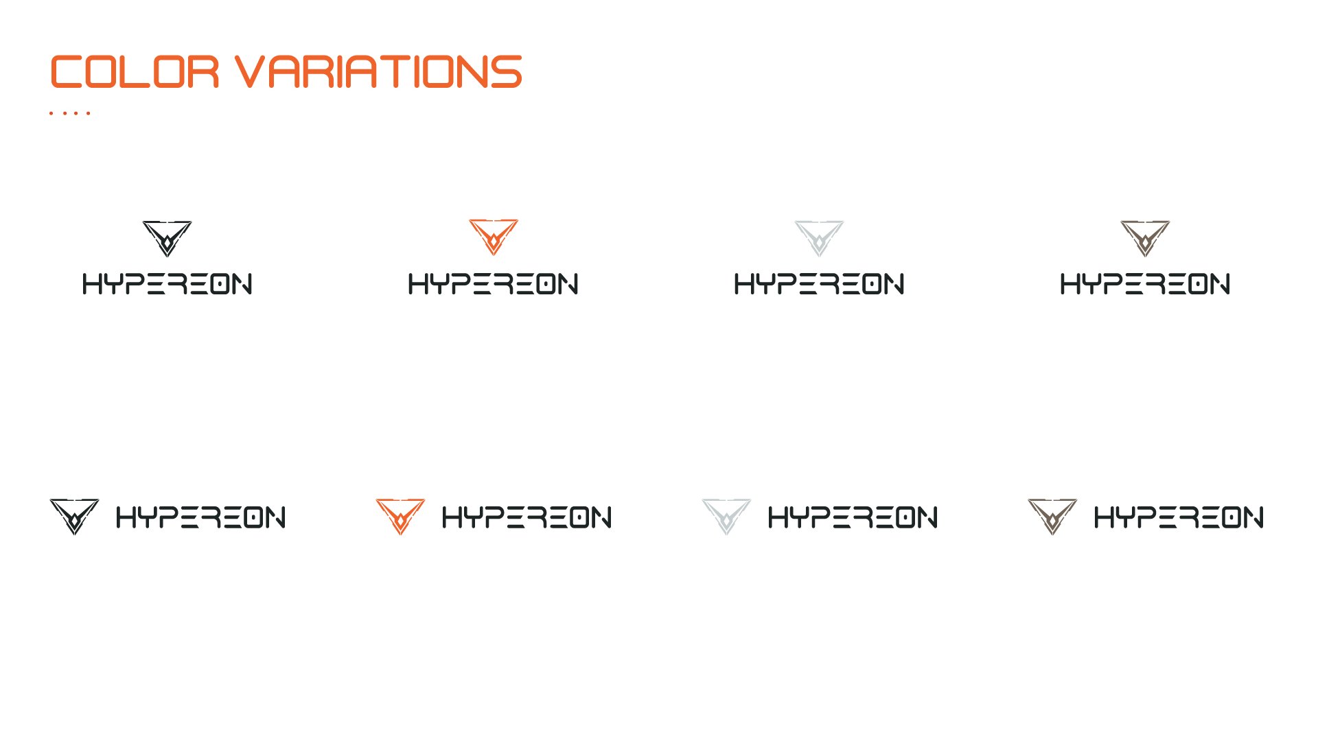 A guidelines page: the Hypereon logo eight times in black, orange, grey, brown