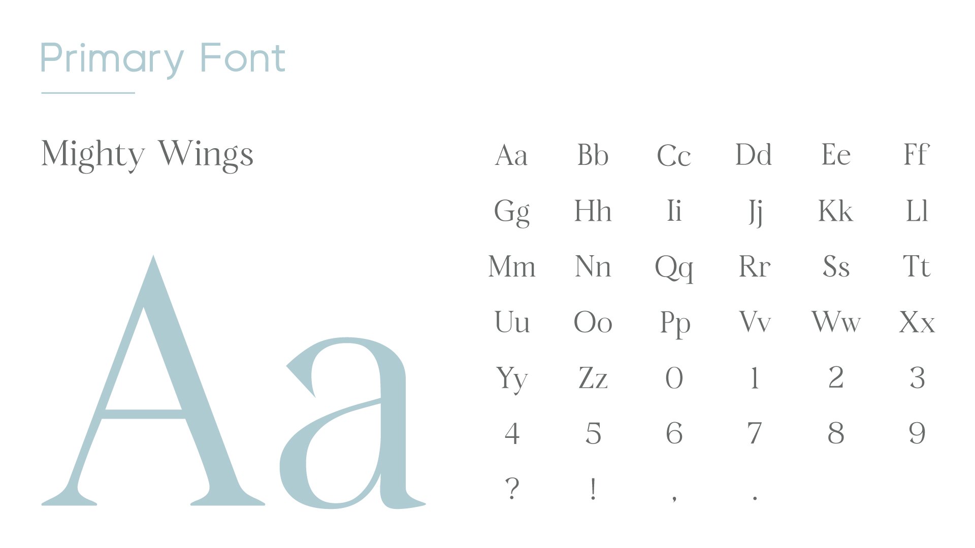 A guideline sheet: Mighty Wings, a large Aa in pale blue, and the alphabet