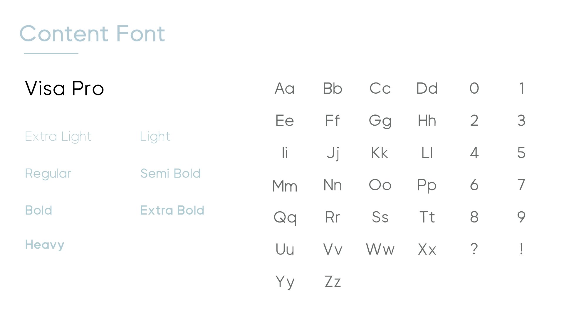 A guideline sheet: Visa Pro, its weights and its alphabet