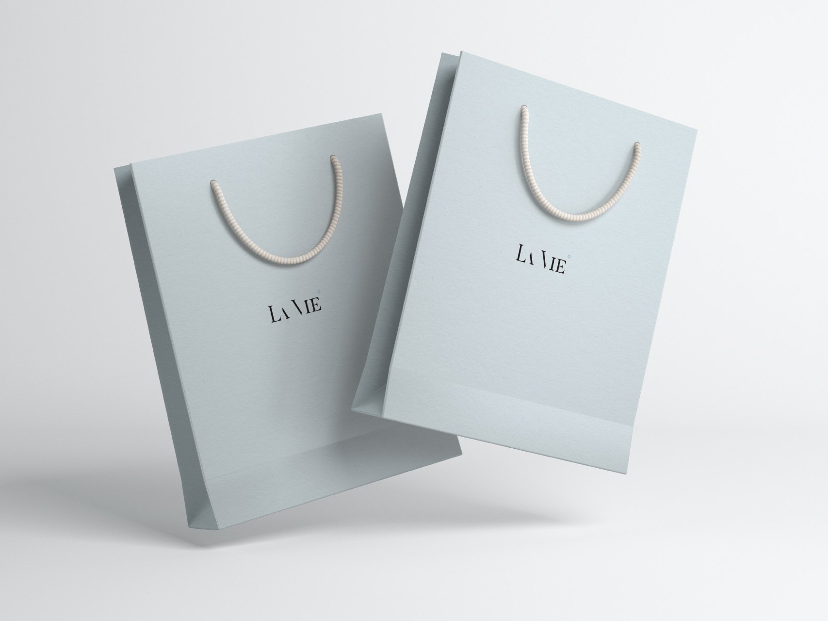 Two pale blue carrier bags with cream cord handles and the La Vie wordmark