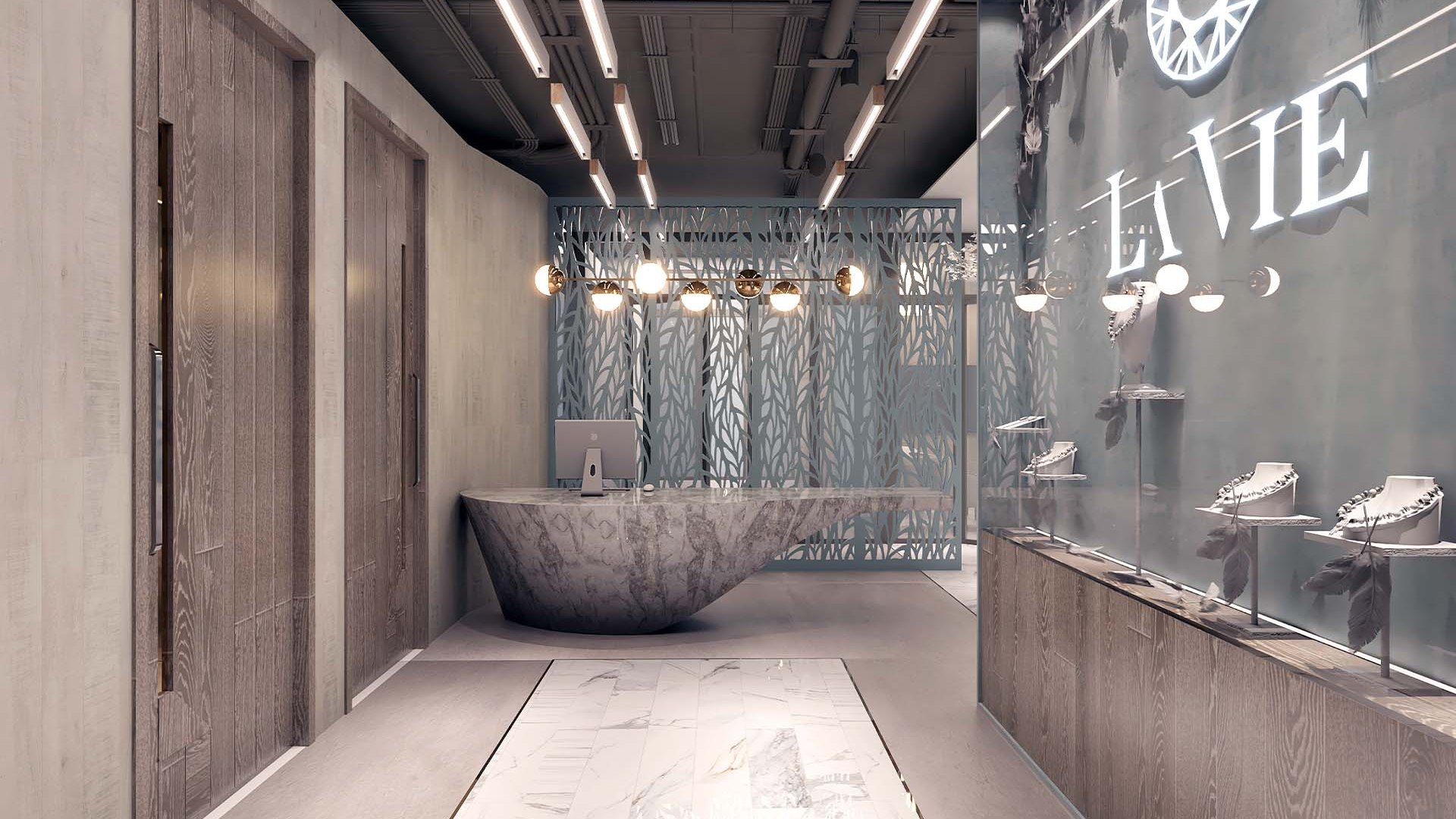 A render of the La Vie reception: a stone counter, a leaf screen and the lit LA VIE sign with the ornament
