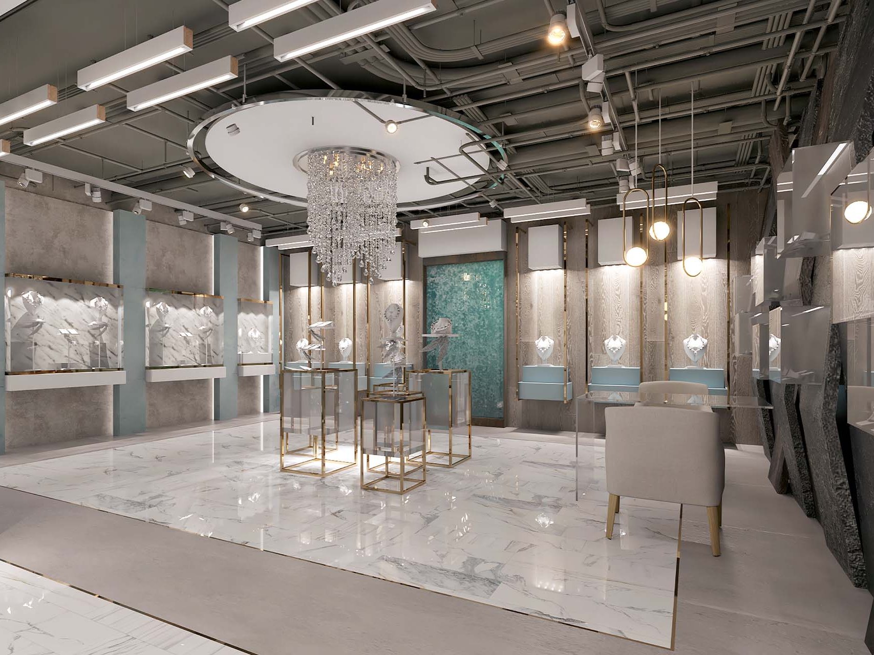 A render of the boutique floor: glass counters under a round ceiling and a crystal chandelier