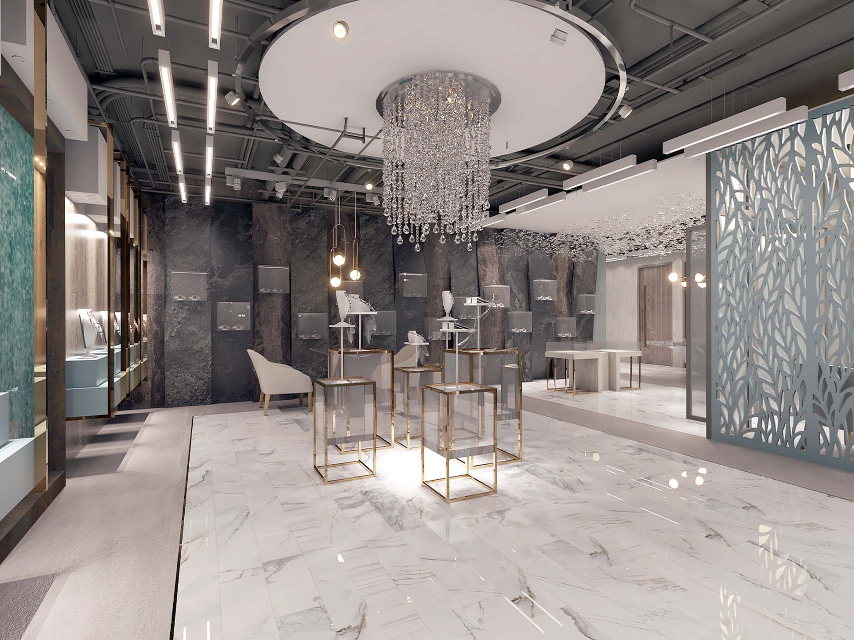 A render of the boutique with a pale blue screen cut with leaves