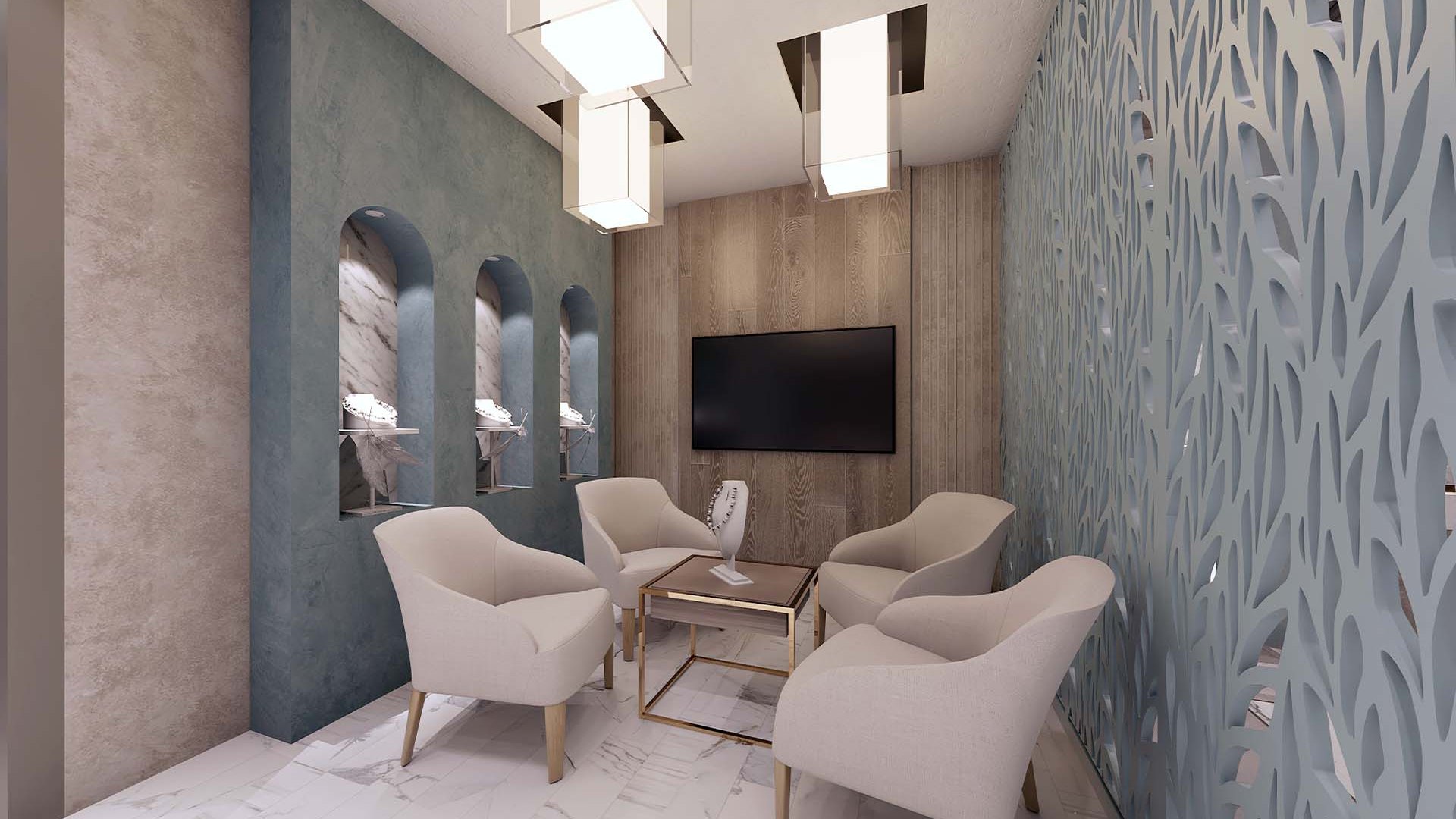 A render of a lounge with arched display niches, four armchairs and a leaf screen