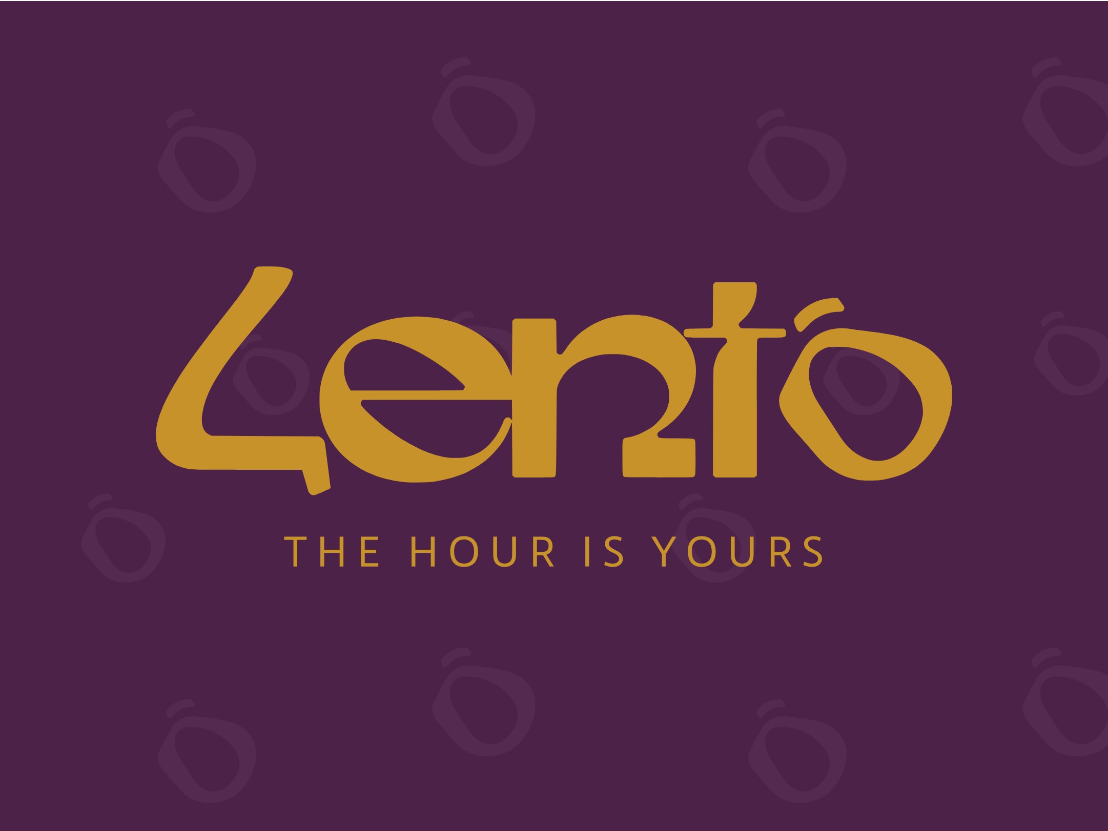 The Lento lockup in mustard on plum, with the line The hour is yours