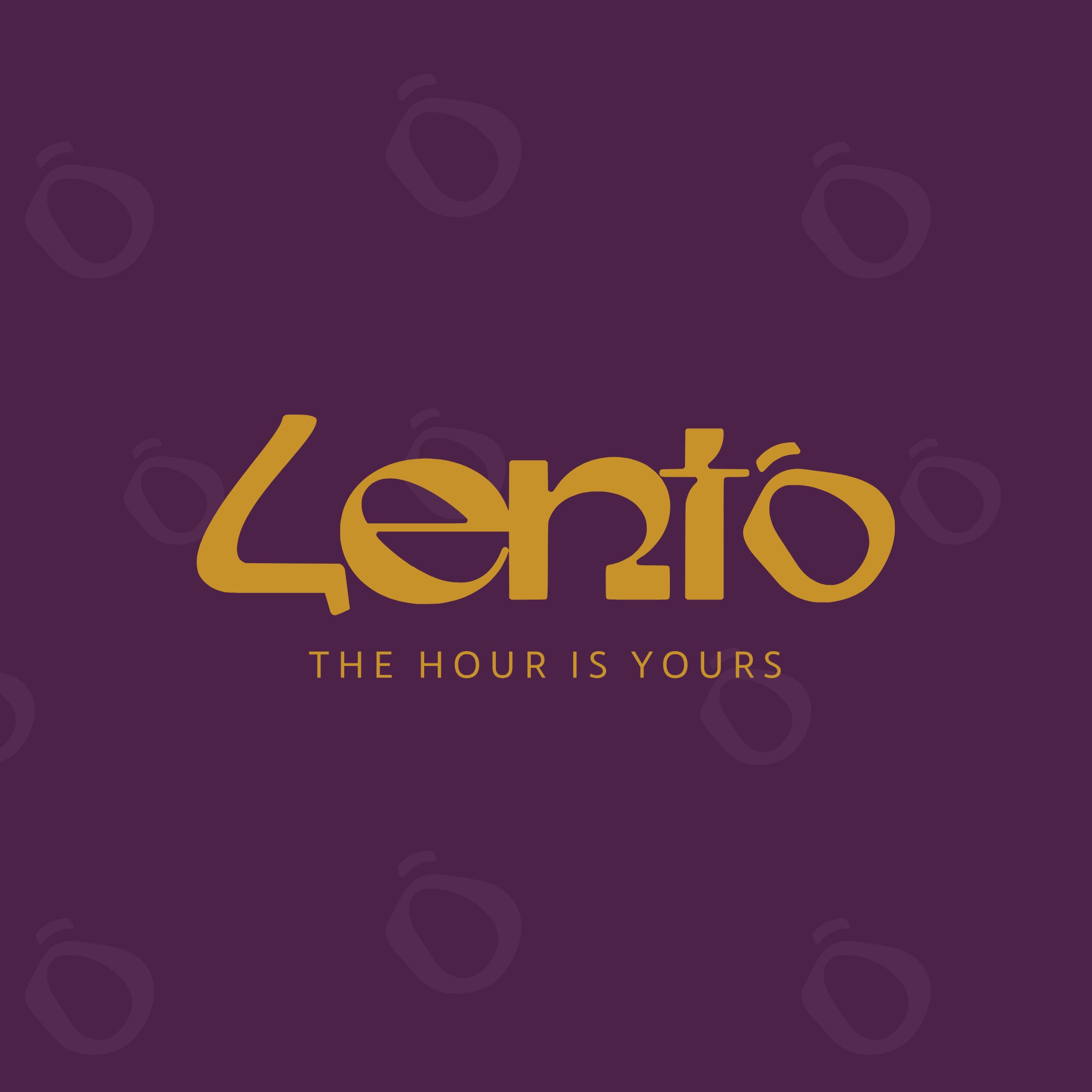 The Lento lockup in mustard on plum, with the line The hour is yours