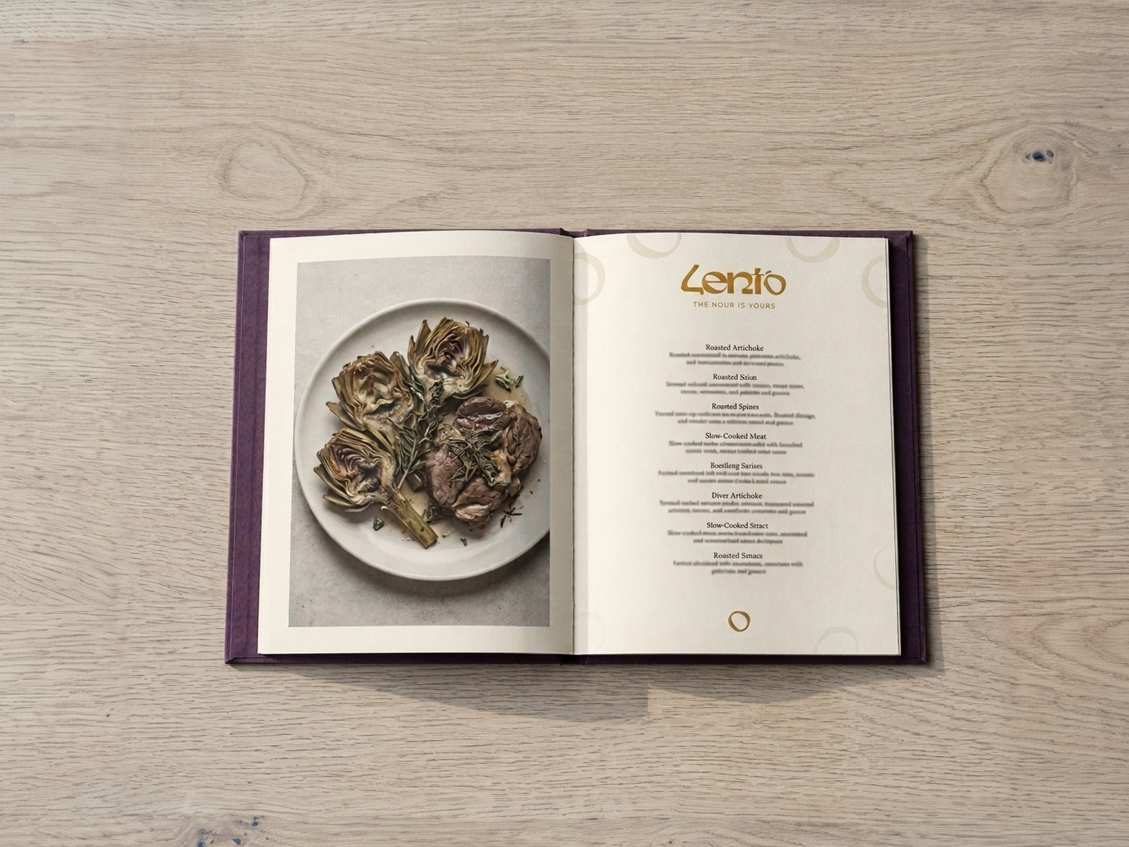 The Lento menu open at a section, a plated dish on the left page