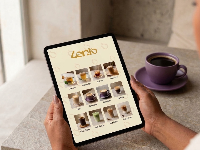 The Lento digital menu on a tablet held over a table, a coffee beside it
