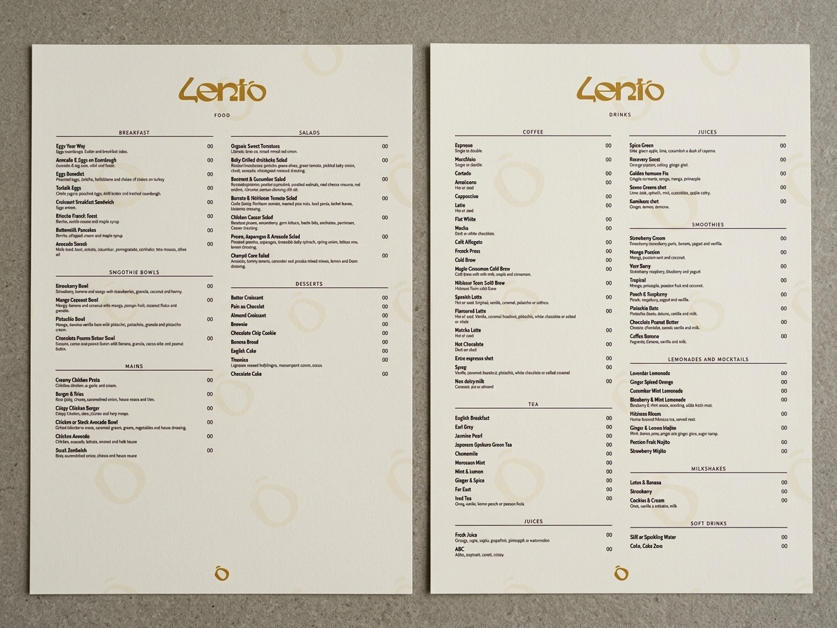 Two Lento menu sheets laid flat, every section listed