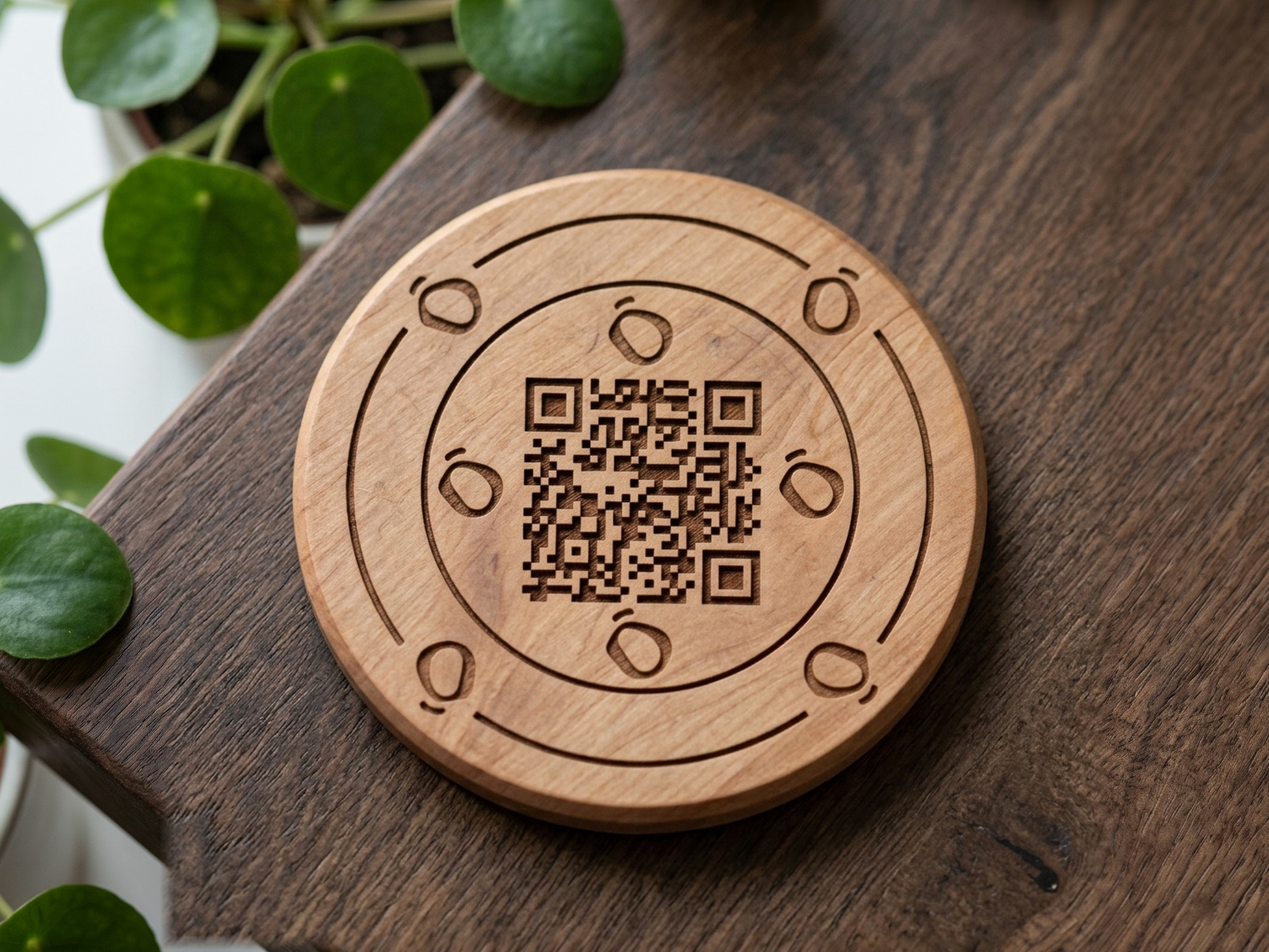 Lento's oak coaster with the QR code and four small motifs