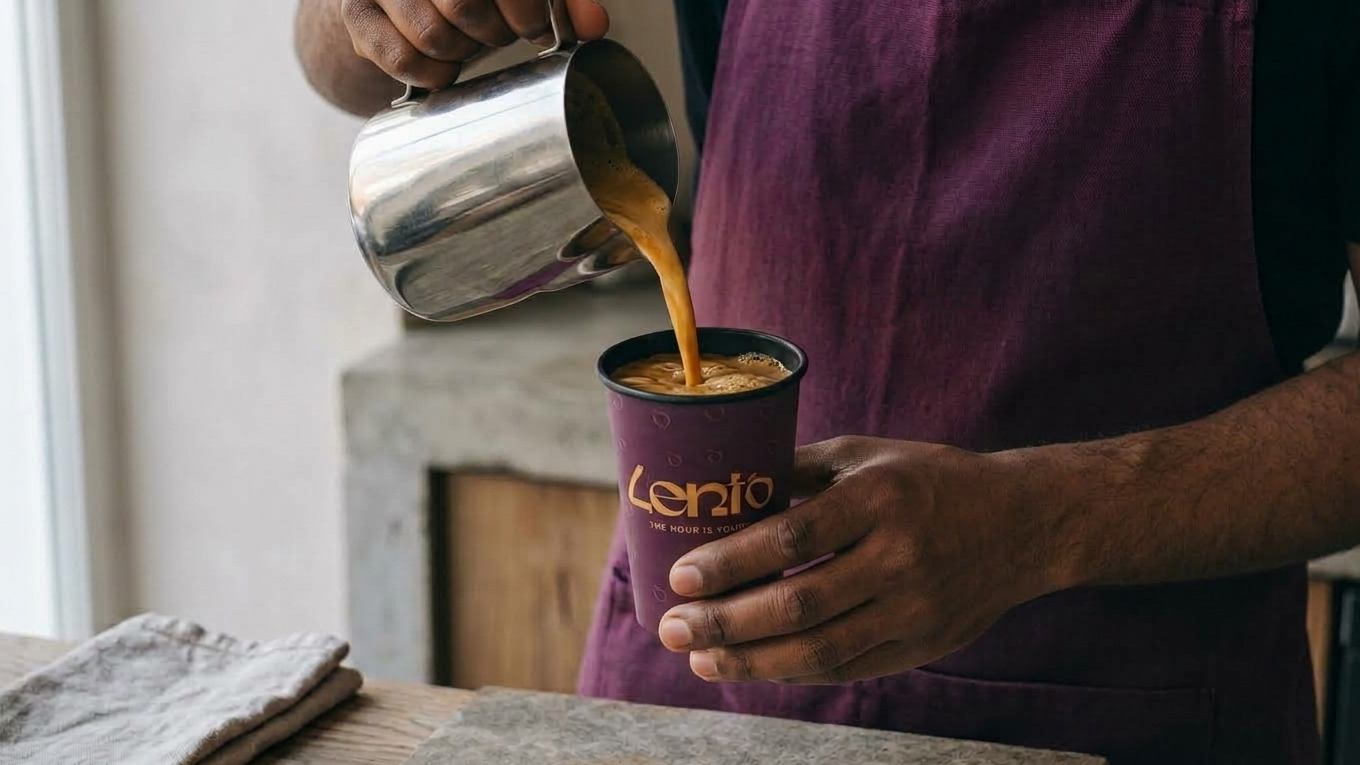 Coffee poured into a plum Lento cup, hands only
