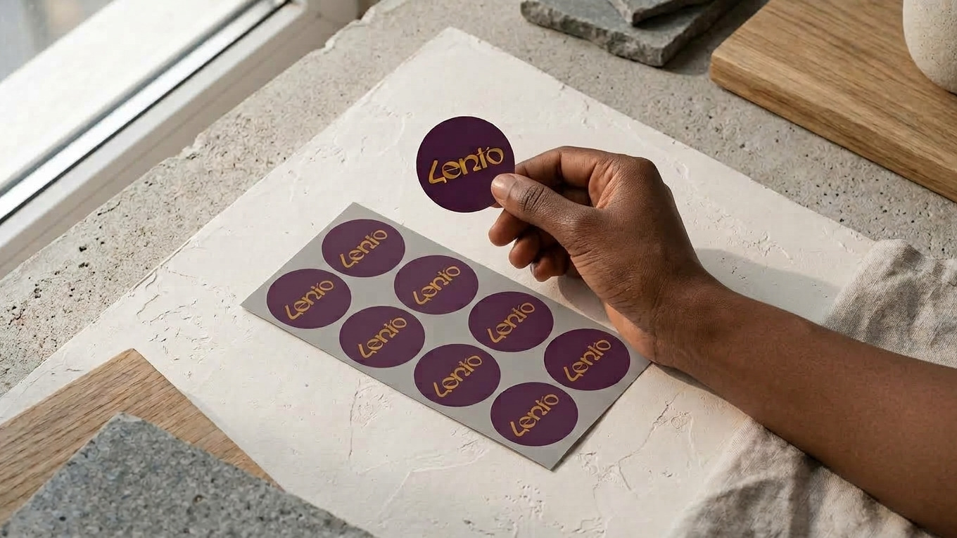 A hand pressing a plum Lento seal onto cream paper