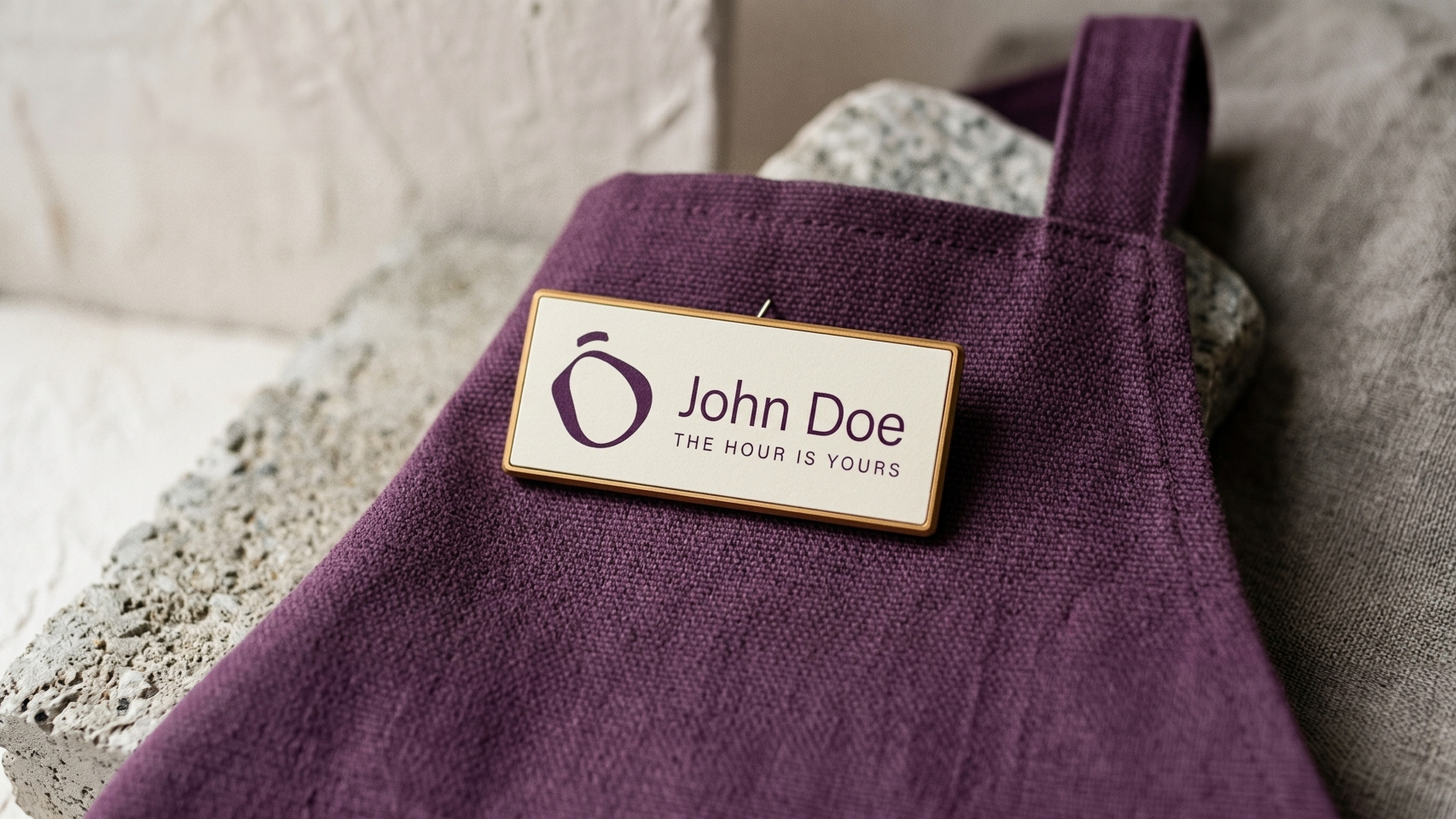 The cream Lento name tag on a plum apron