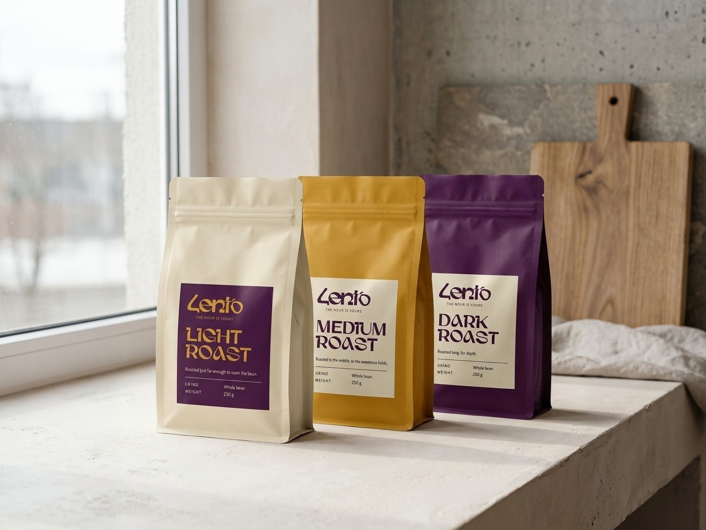 Three Lento coffee bags, light, medium and dark roast