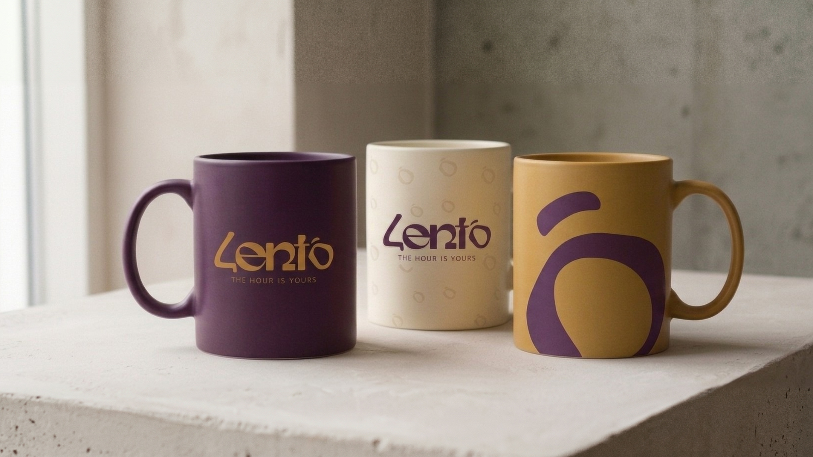 Three Lento mugs, aubergine, cream and mustard, on a plaster ledge