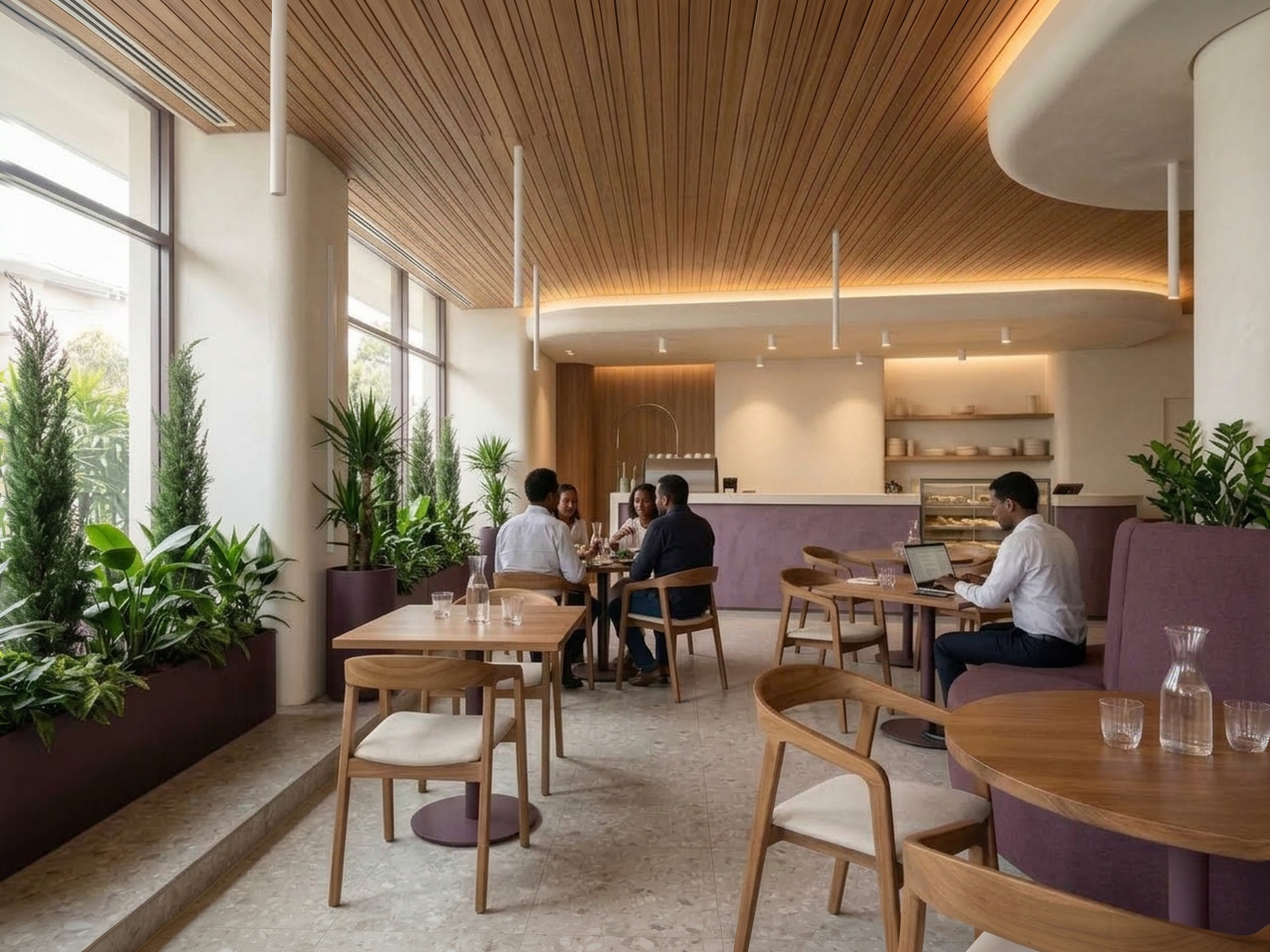 The Lento lounge by day, timber and plum banquettes
