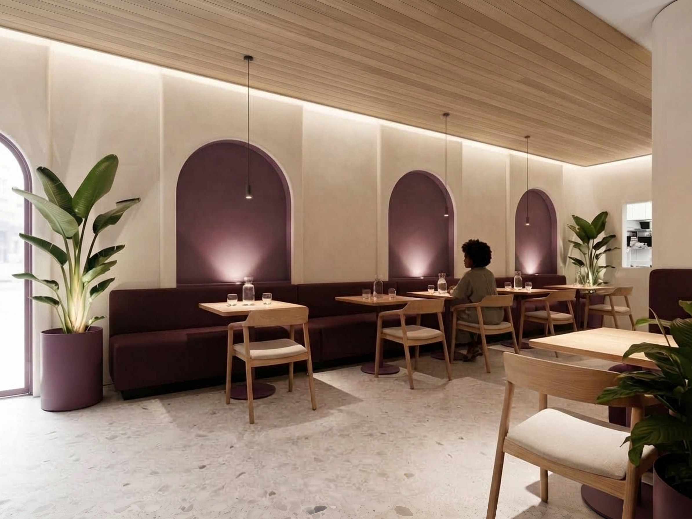 The Lento niche wall by day, plum arches and pendant lights