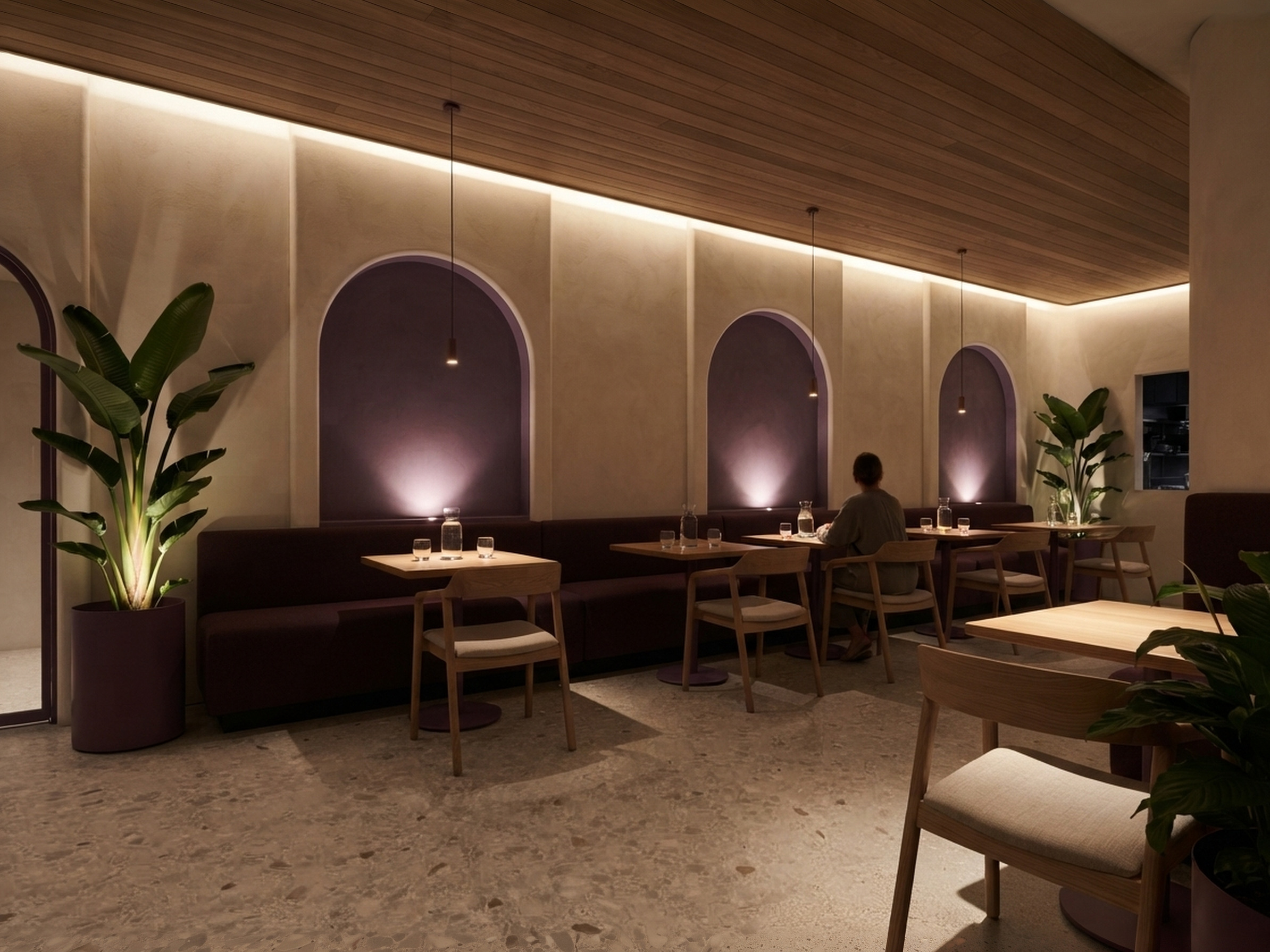 The Lento niche wall in the evening, the pendants lit