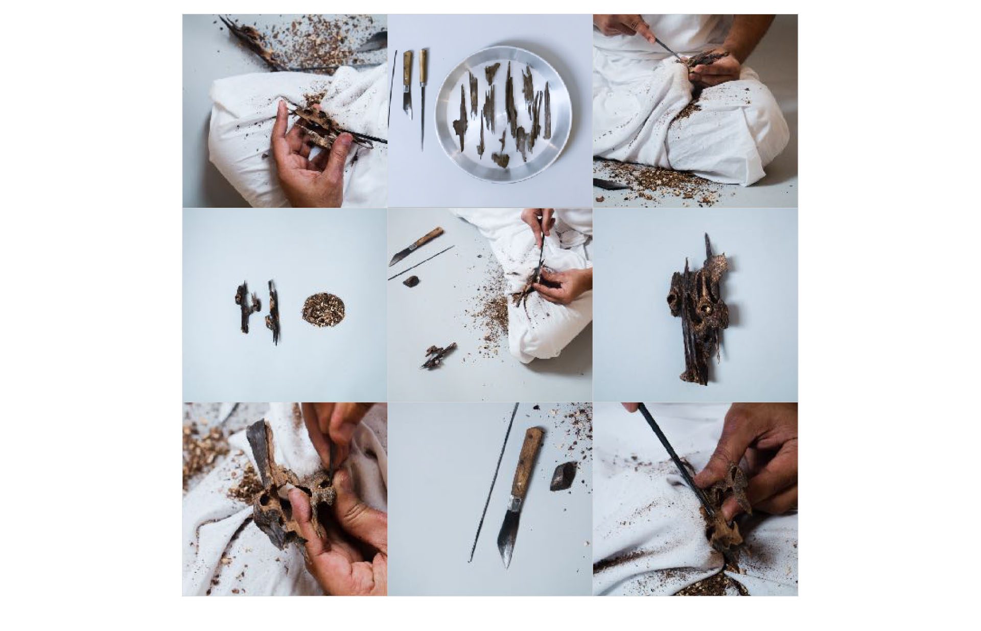 Nine photographs for the Manaban Oud feed: agarwood, tools and hands at work