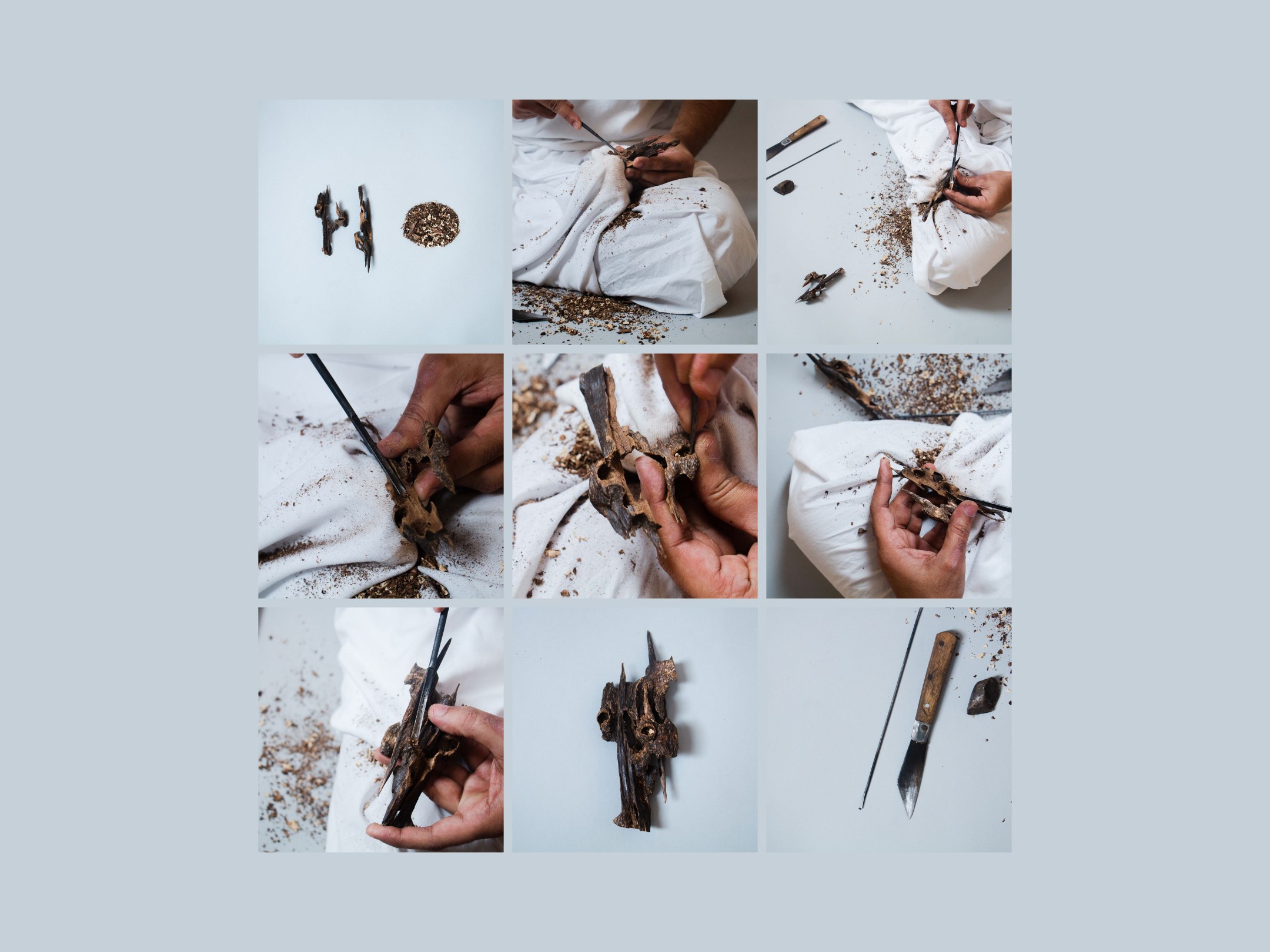 Nine photographs of agarwood carved by hand on white cloth, in a three by three grid