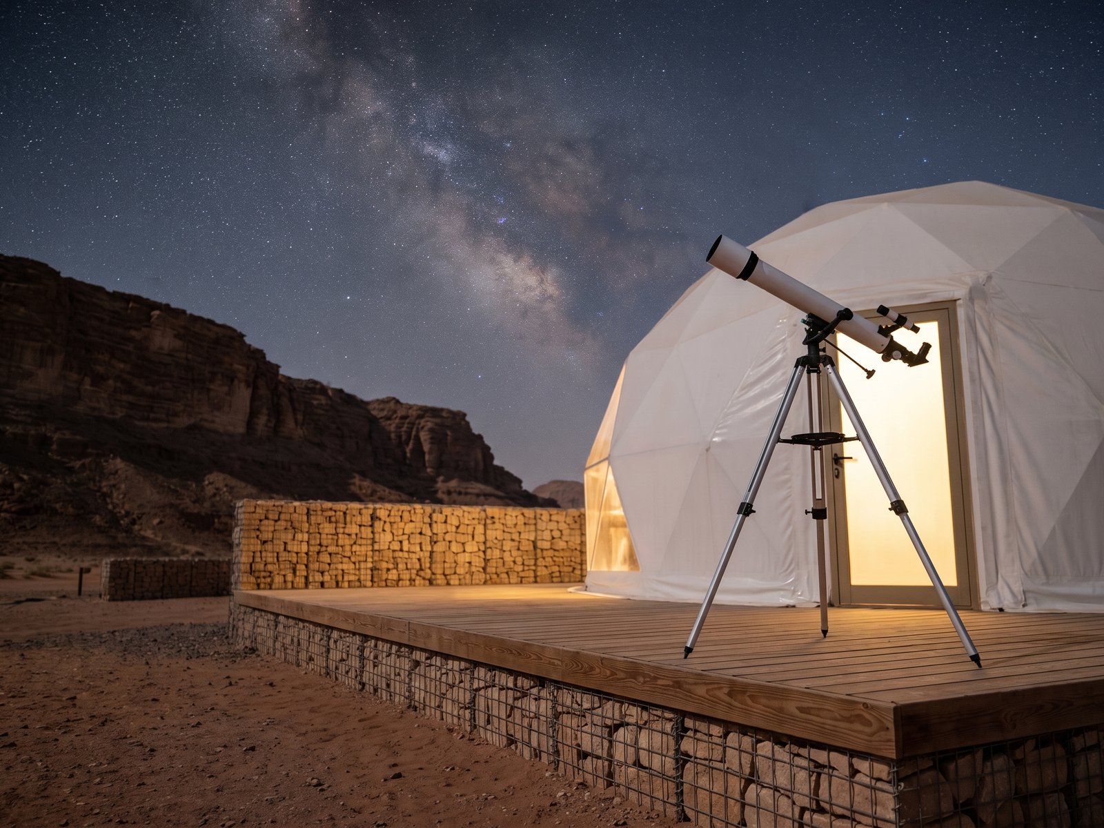 A render: a white telescope on a deck under a starry sky, a lit dome behind