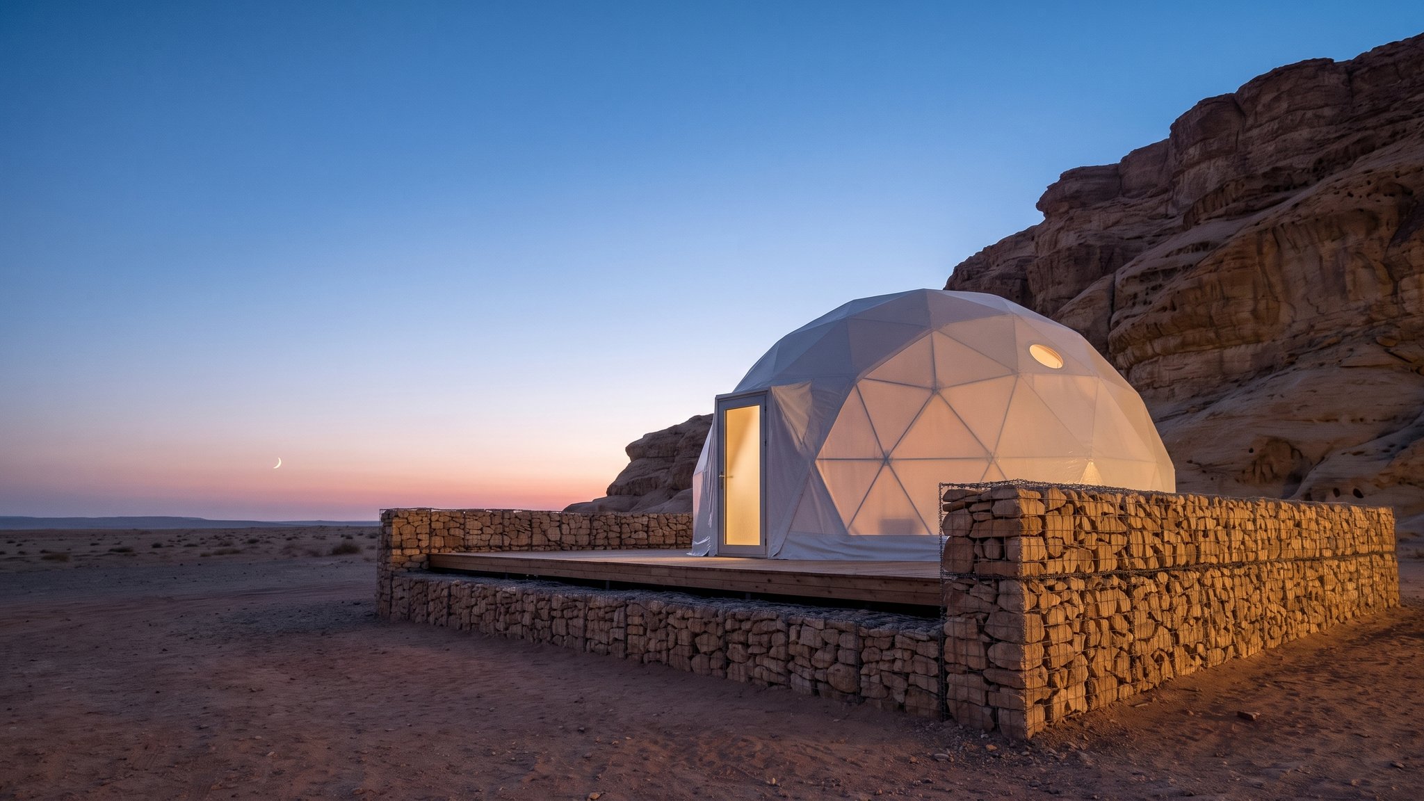 A render: a white geodesic dome lit from inside on a deck at blue hour