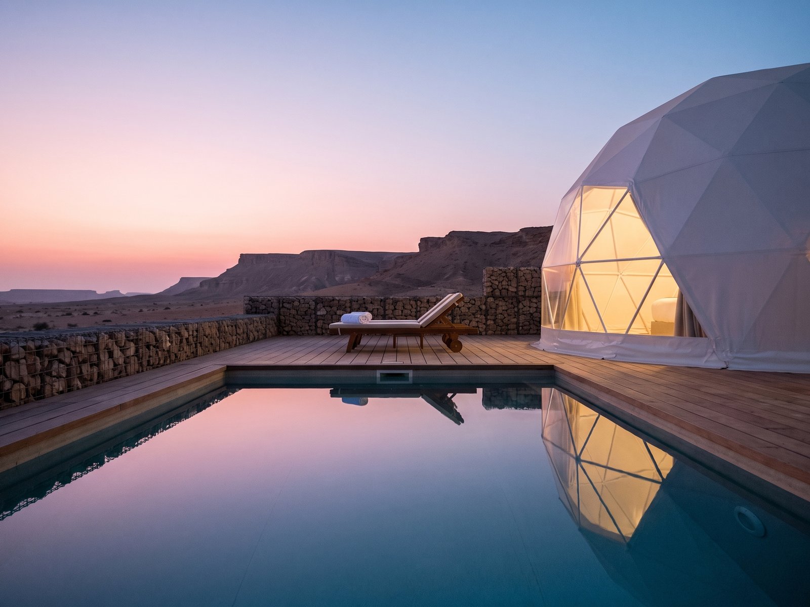 A render: a plunge pool on a timber deck beside a dome at dusk