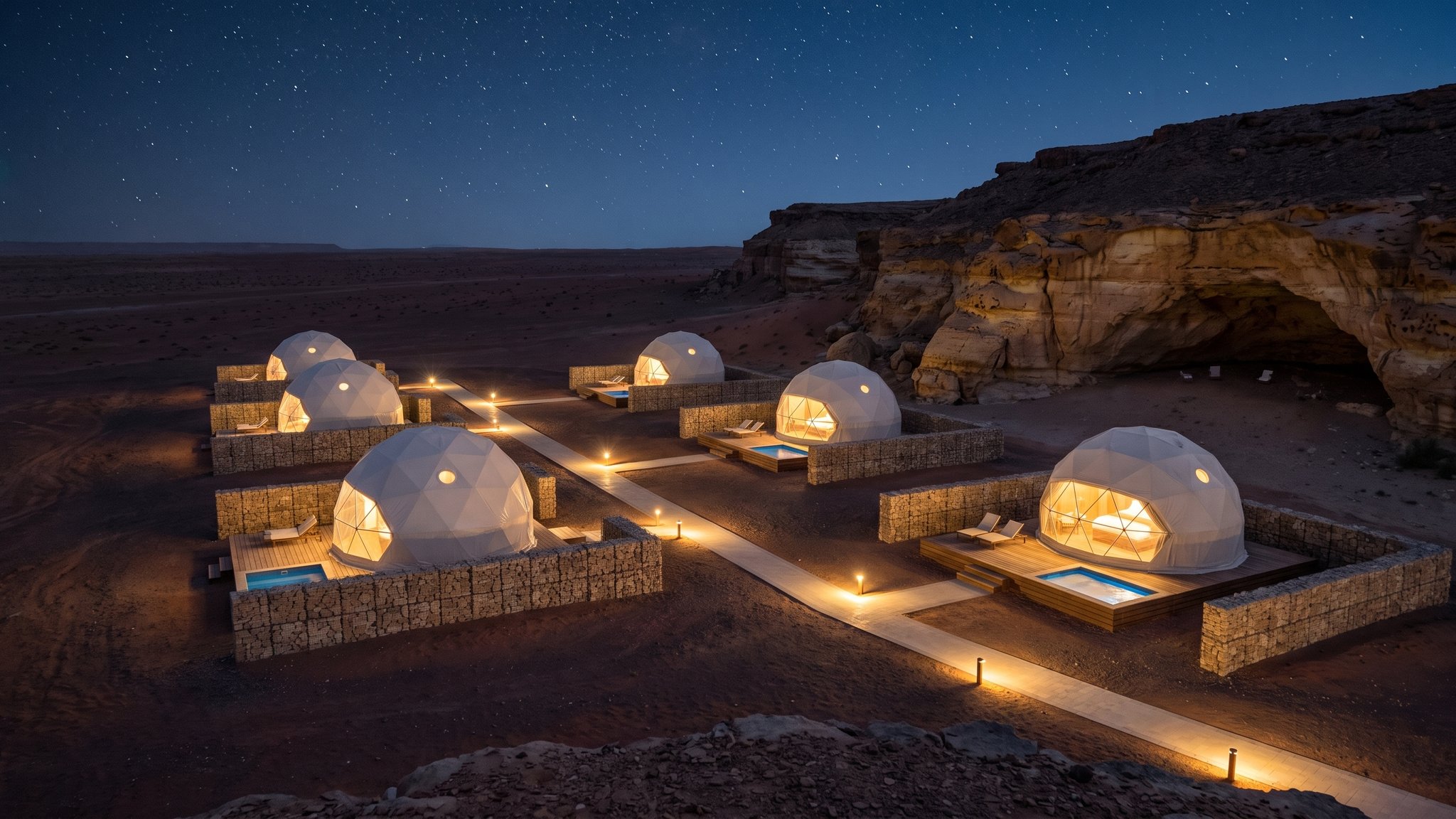 A render: a row of lit geodesic domes across the desert under a starry sky