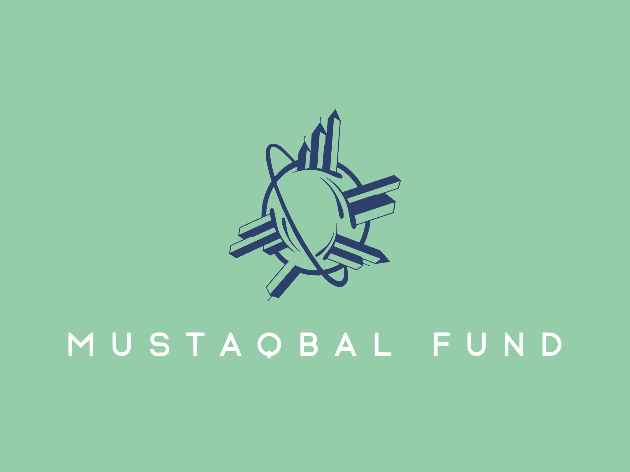 The Mustaqbal Fund mark, a globe with towers rising from it, in navy on mint above the name