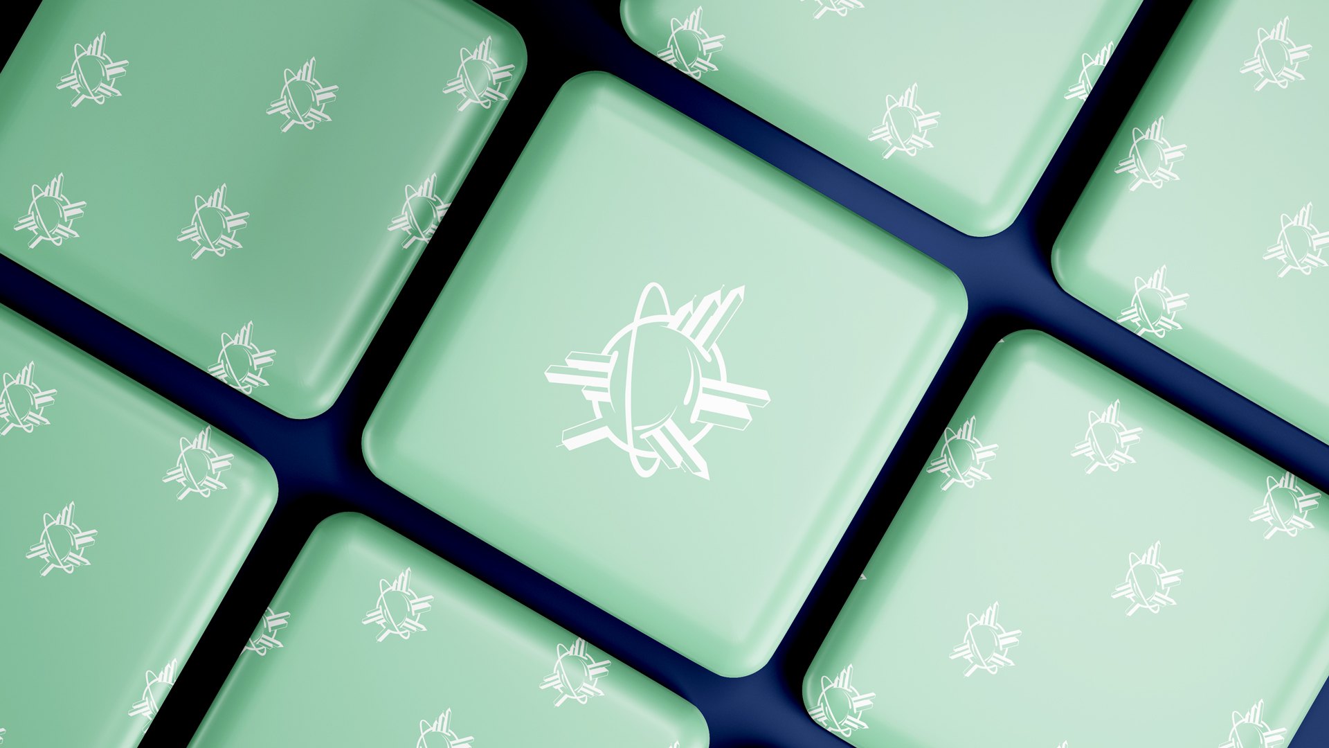 Rounded mint tiles on navy, printed with small white Mustaqbal Fund marks