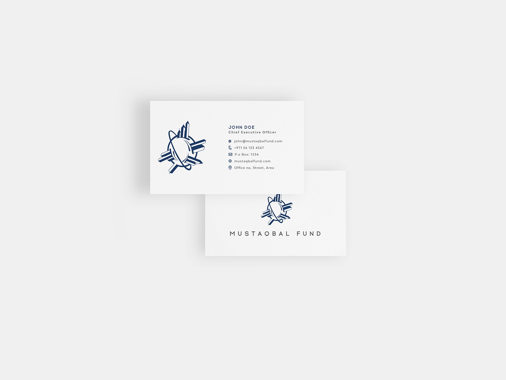 Two white business cards with the navy Mustaqbal Fund mark