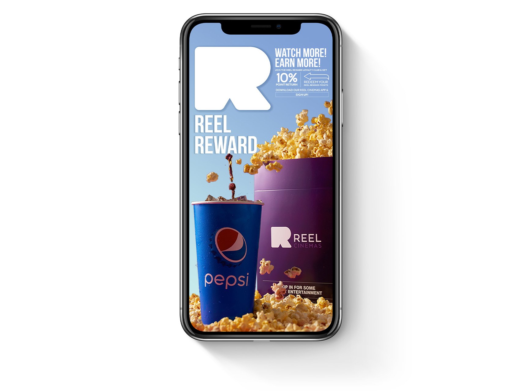 A phone showing the sky blue Reel Reward poster with the cup and the popcorn