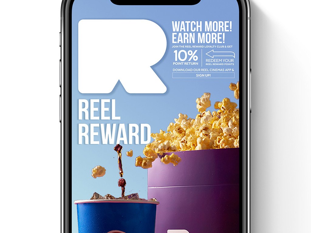 The top of the phone screen: the white R, Reel Reward and the offer lines on sky blue