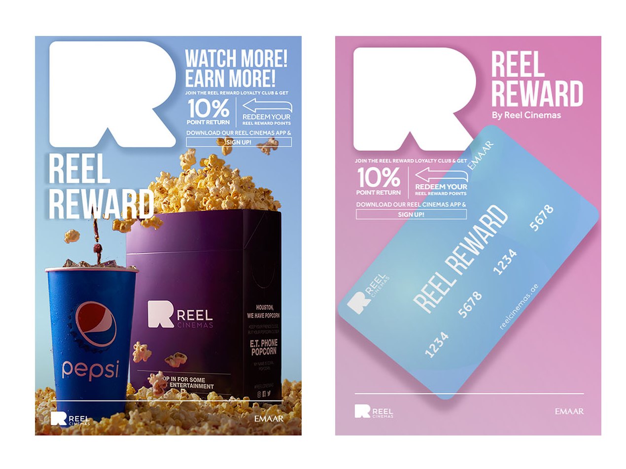 Two Reel Reward posters: popcorn and a cup on sky blue, a cashback card on pink
