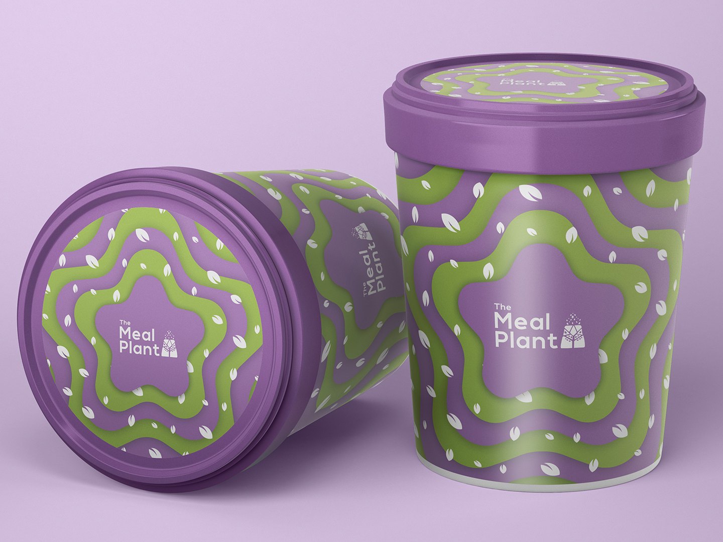 Two purple food tubs on lilac, printed with star rings and white leaves