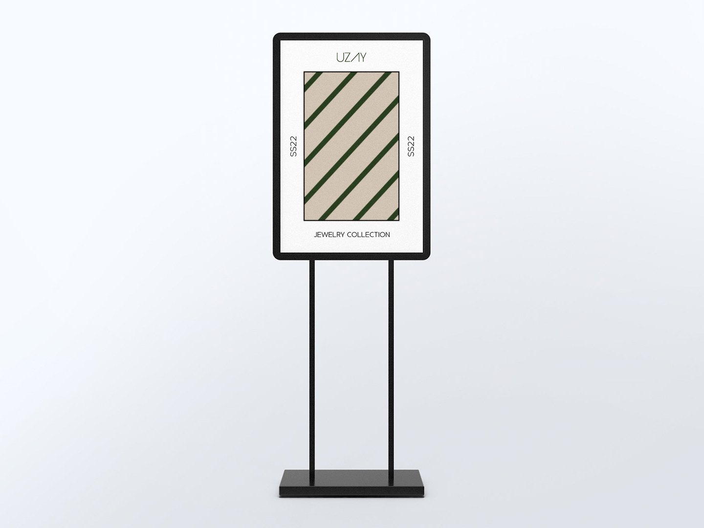 A black poster stand holding an Uzay poster with olive diagonal bands